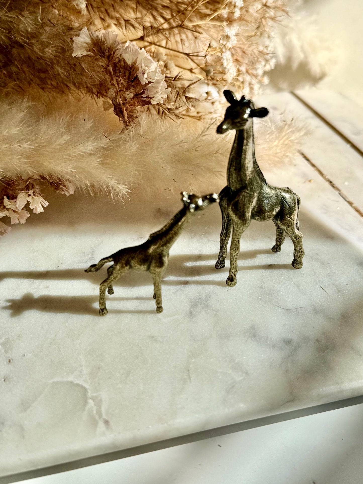 Traditional style giraffe family, Fine solid brass baby and mother giraffe statuette, Safari decor, Miniature zoo, Gift for animal lovers
