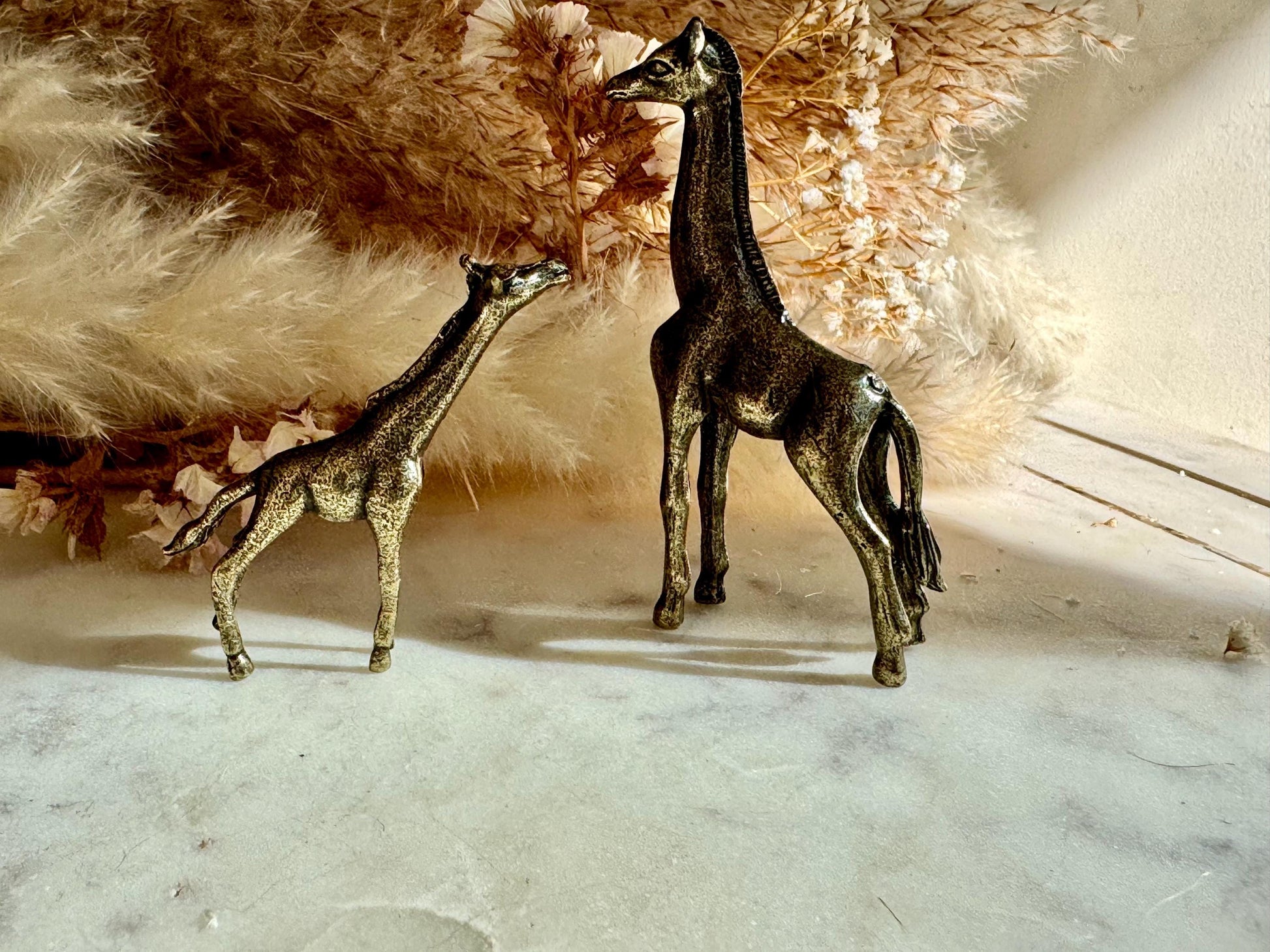 Traditional style giraffe family, Fine solid brass baby and mother giraffe statuette, Safari decor, Miniature zoo, Gift for animal lovers