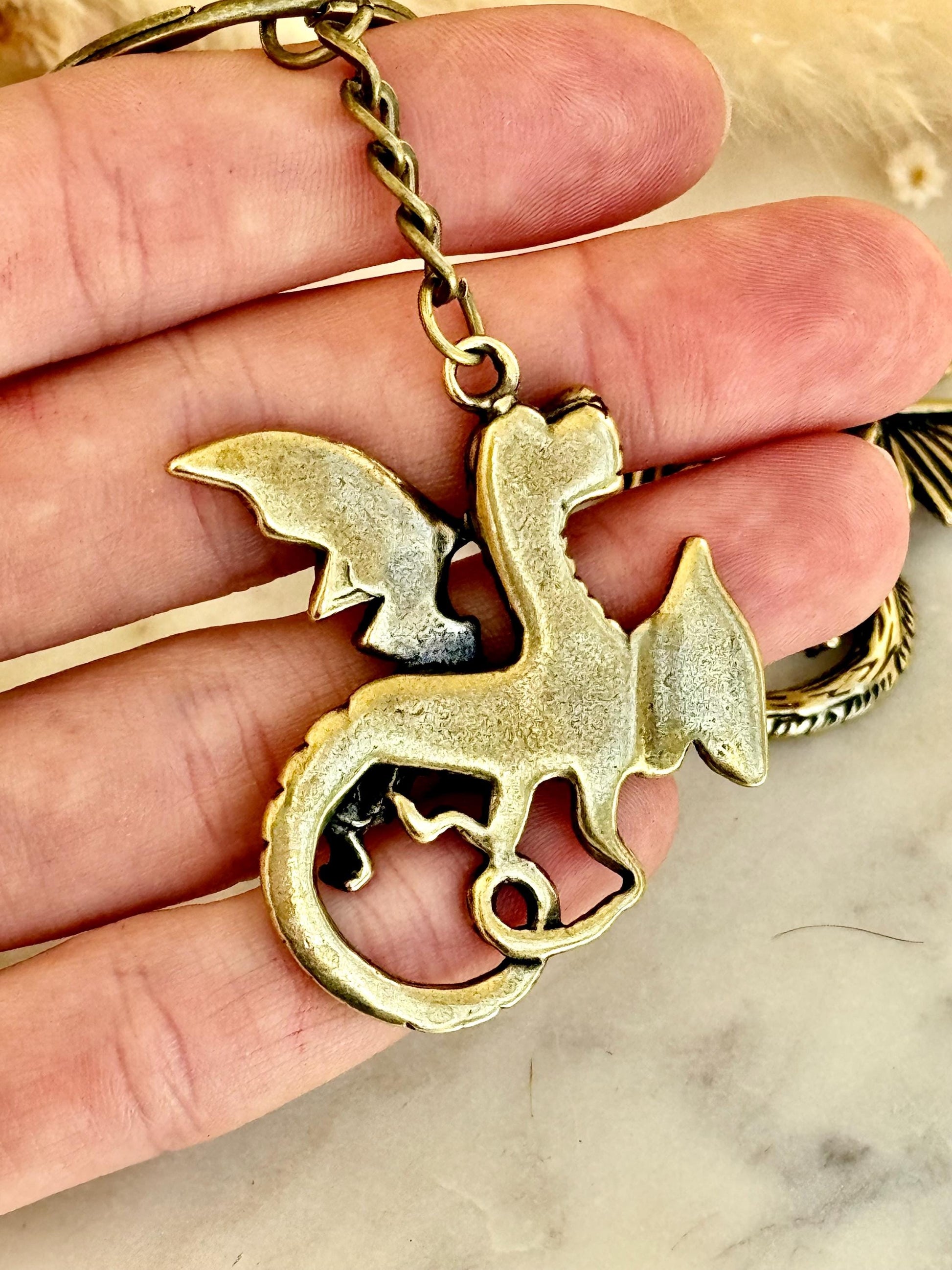 Solid Brass Western Dragon Keychain, Brass Dragon pendant, fine brass dragon Key Ring