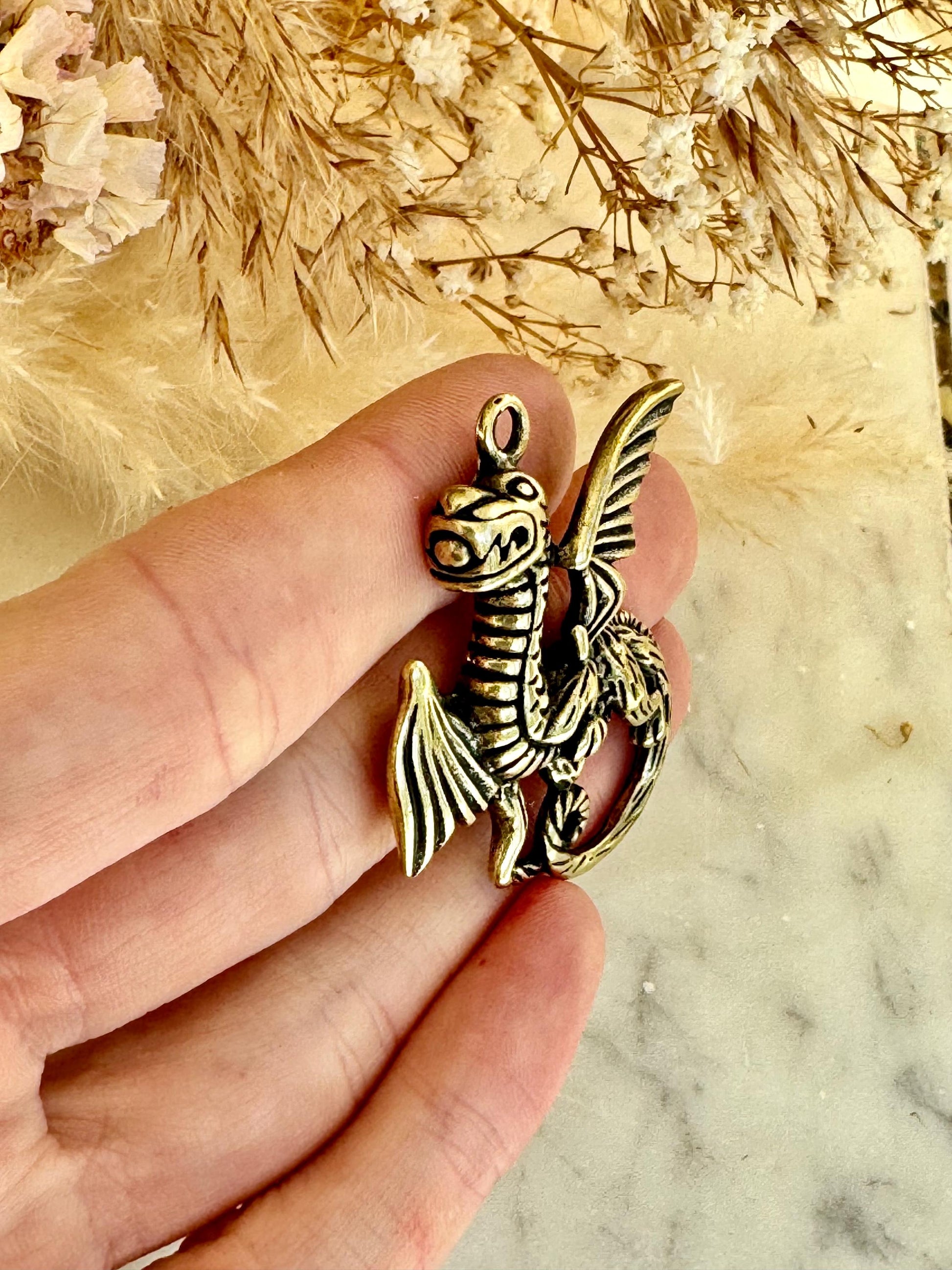 Solid Brass Western Dragon Keychain, Brass Dragon pendant, fine brass dragon Key Ring
