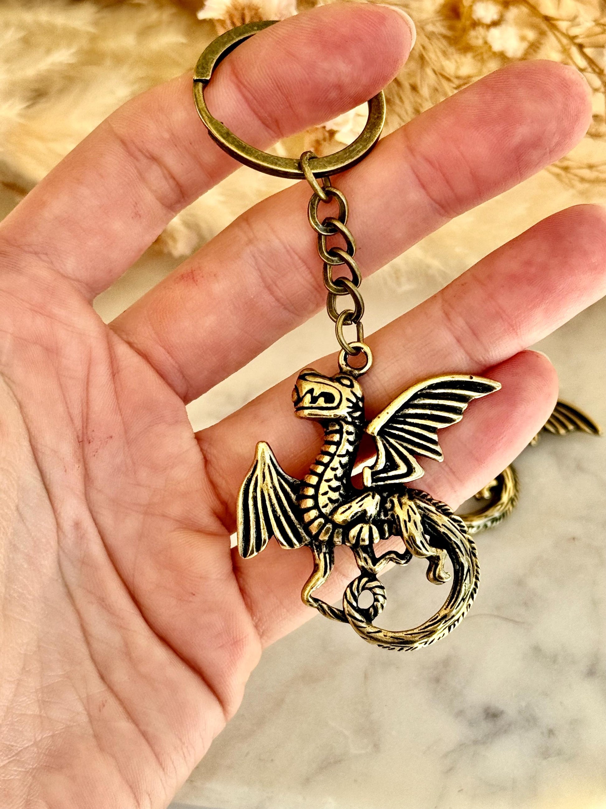 Solid Brass Western Dragon Keychain, Brass Dragon pendant, fine brass dragon Key Ring