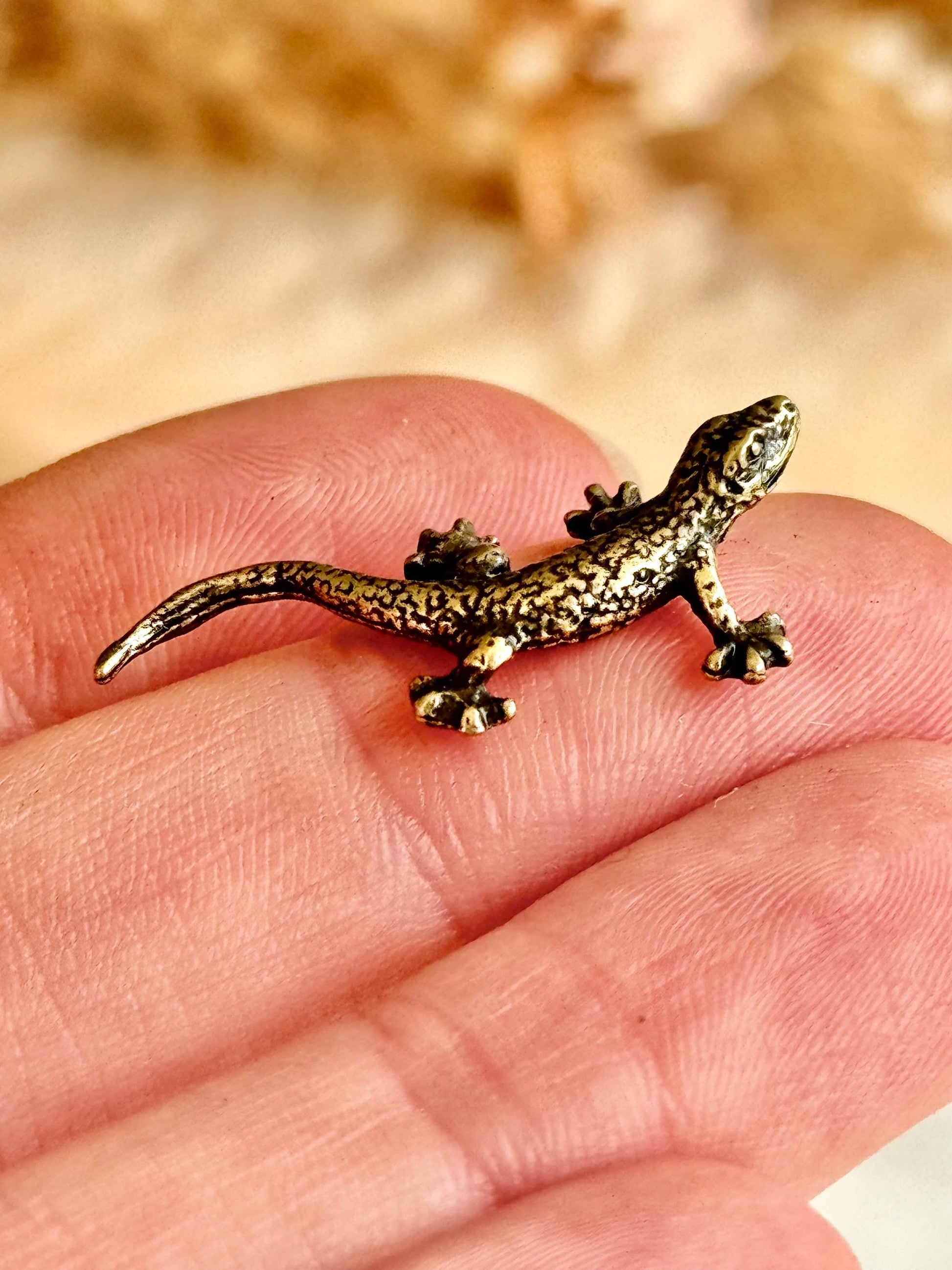 Tiny Solid Brass fine Lizard figurine , lizard lover gifts, reptile lover gifts, gecko trinket, newt statuette