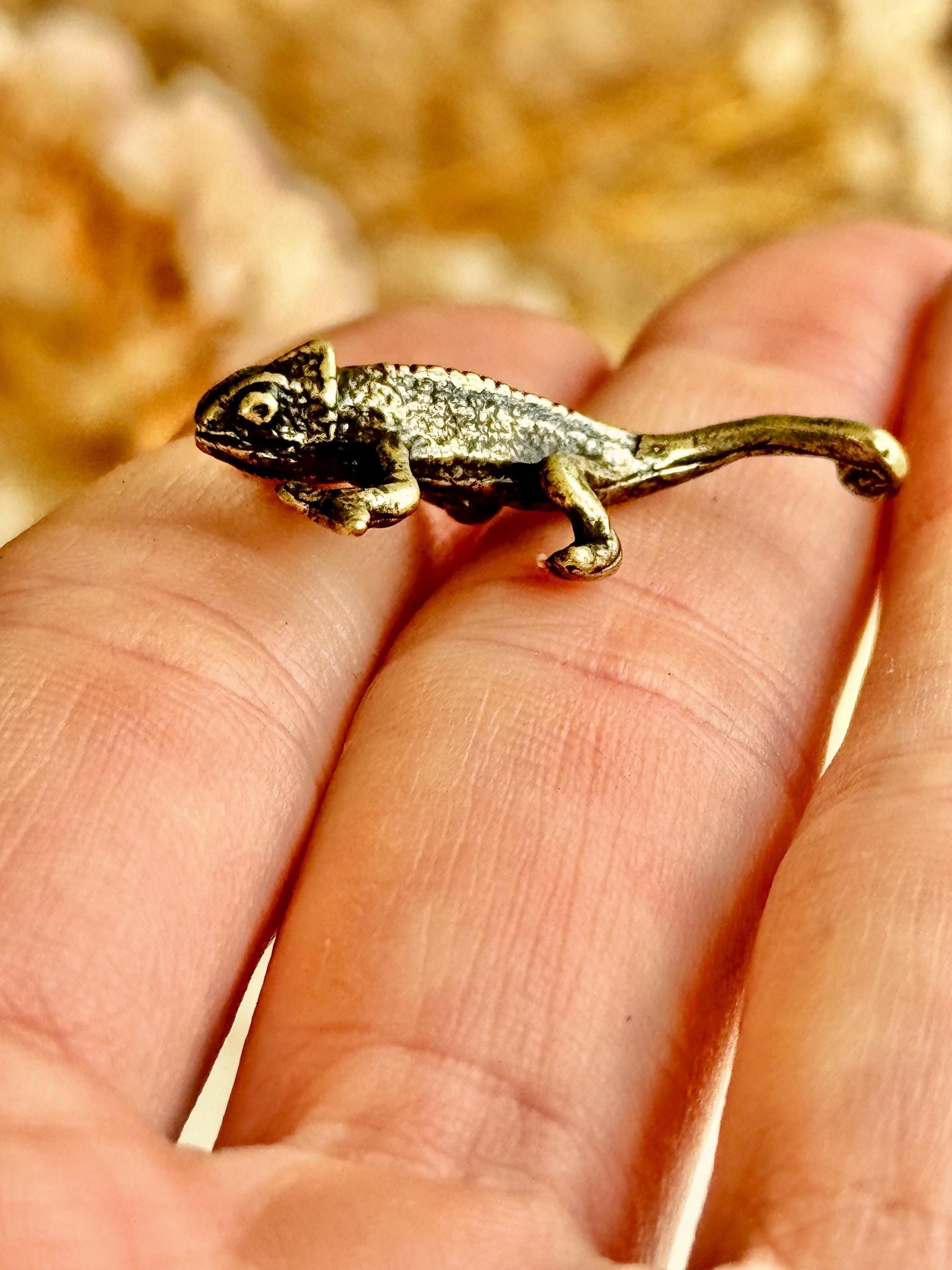 Tiny Solid Brass fine Chameleon figurine, lizard lover gifts, reptile lover gifts, gecko trinket