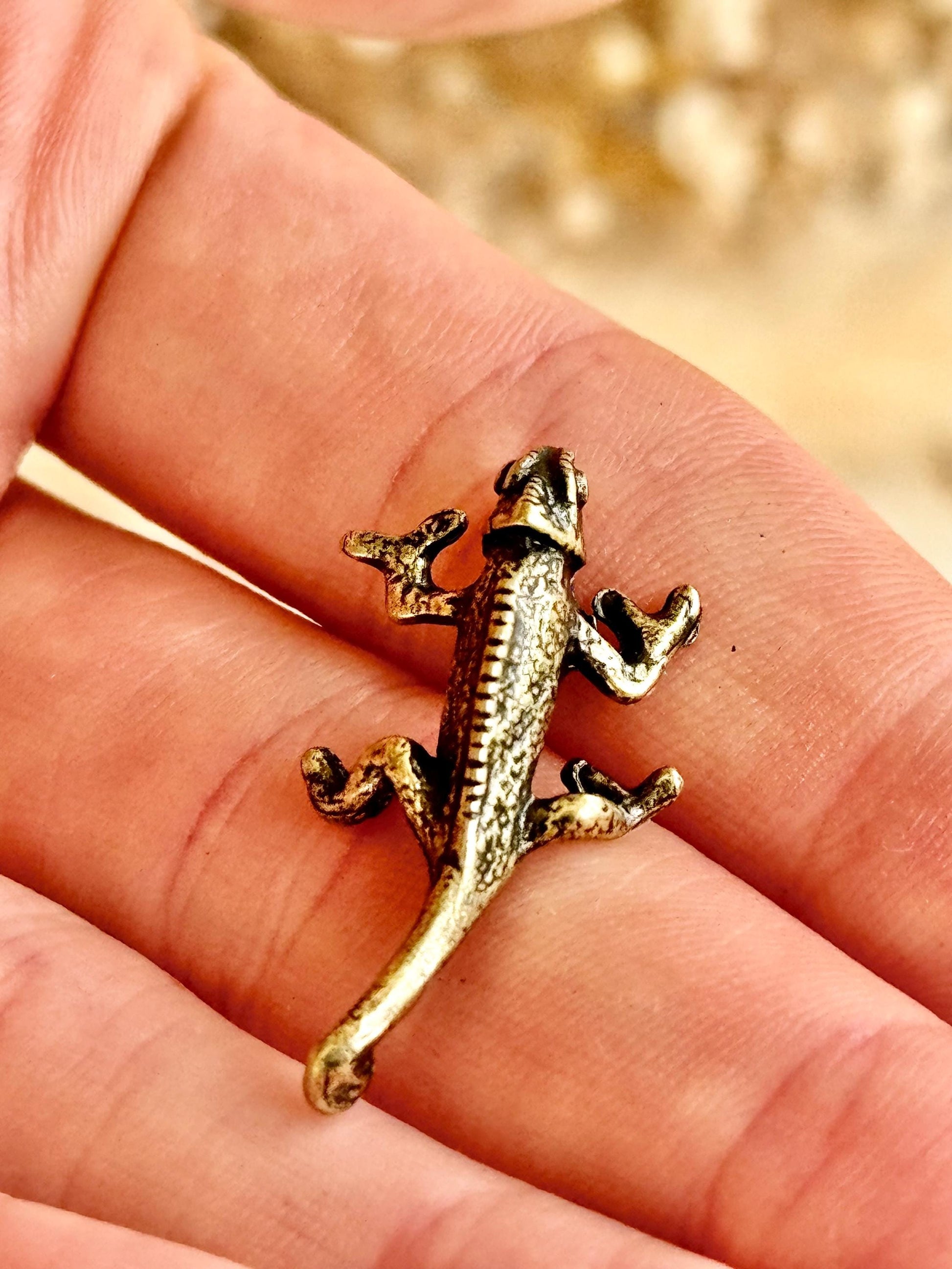 Tiny Solid Brass fine Chameleon figurine, lizard lover gifts, reptile lover gifts, gecko trinket