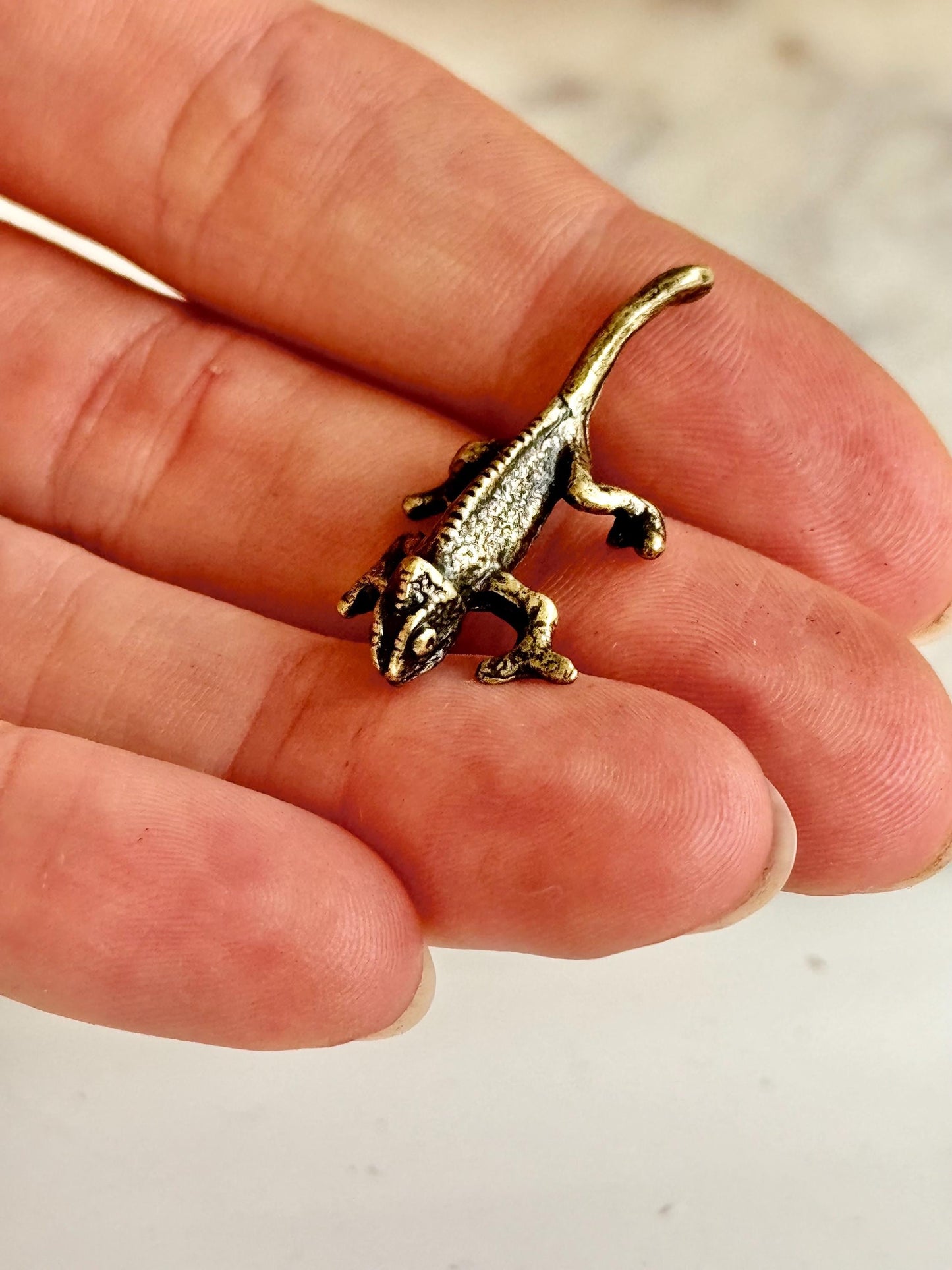 Tiny Solid Brass fine Chameleon figurine, lizard lover gifts, reptile lover gifts, gecko trinket