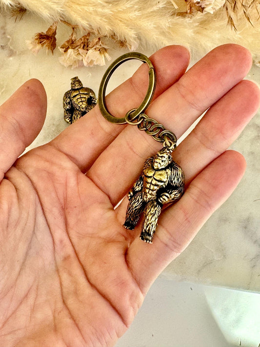 Solid Brass KingKong Keychain, Metal Orang-utan Keyring, Bigfoot figurine, Big Gorila ornament