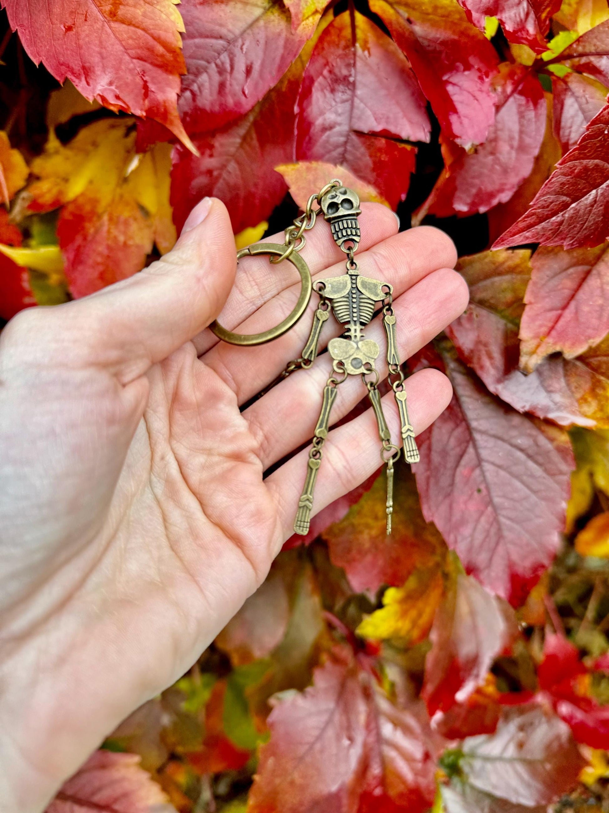 Stylish Solid Brass Skeleton Keychain - Articulated Halloween Skeleton Charm, Unique Brass Keychain, Gothic Style