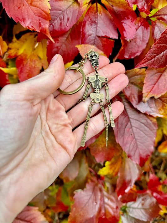 Stylish Solid Brass Skeleton Keychain - Articulated Halloween Skeleton Charm, Unique Brass Keychain, Gothic Style