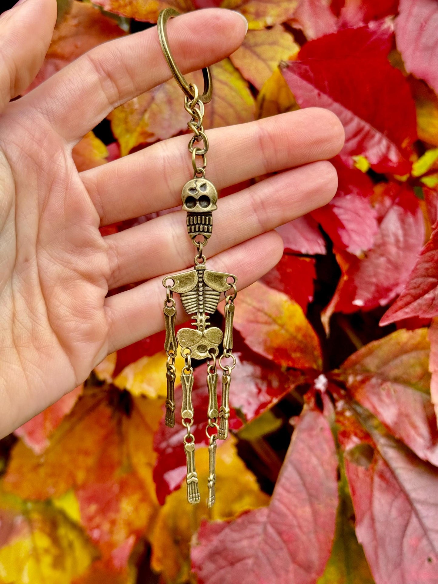 Stylish Solid Brass Skeleton Keychain - Articulated Halloween Skeleton Charm, Unique Brass Keychain, Gothic Style