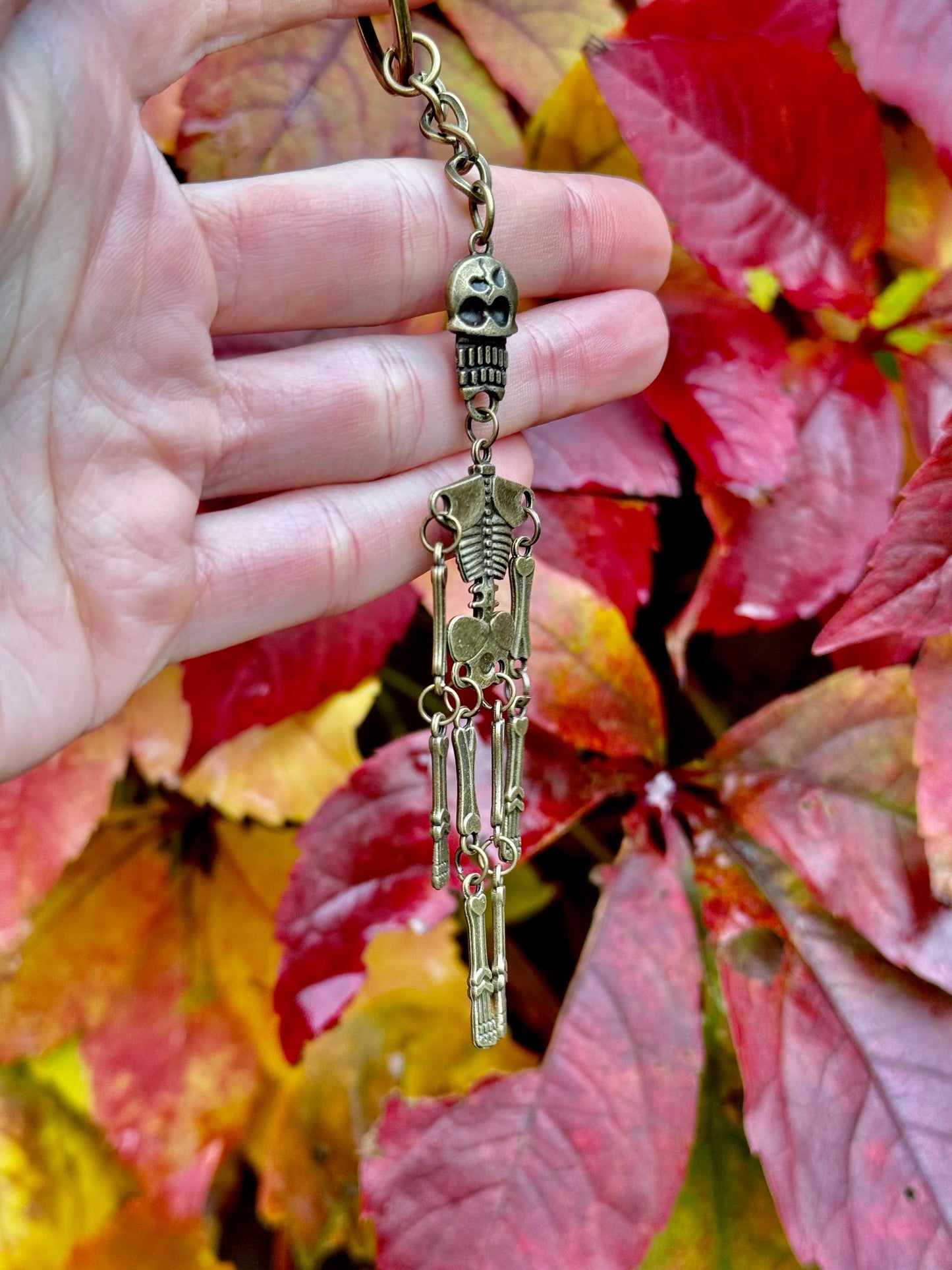 Stylish Solid Brass Skeleton Keychain - Articulated Halloween Skeleton Charm, Unique Brass Keychain, Gothic Style
