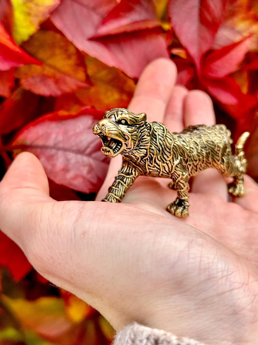 Traditional style solid brass tiger figurine, Fine brass tiger figurine, White tiger ornament, Incredible desktop decoration,