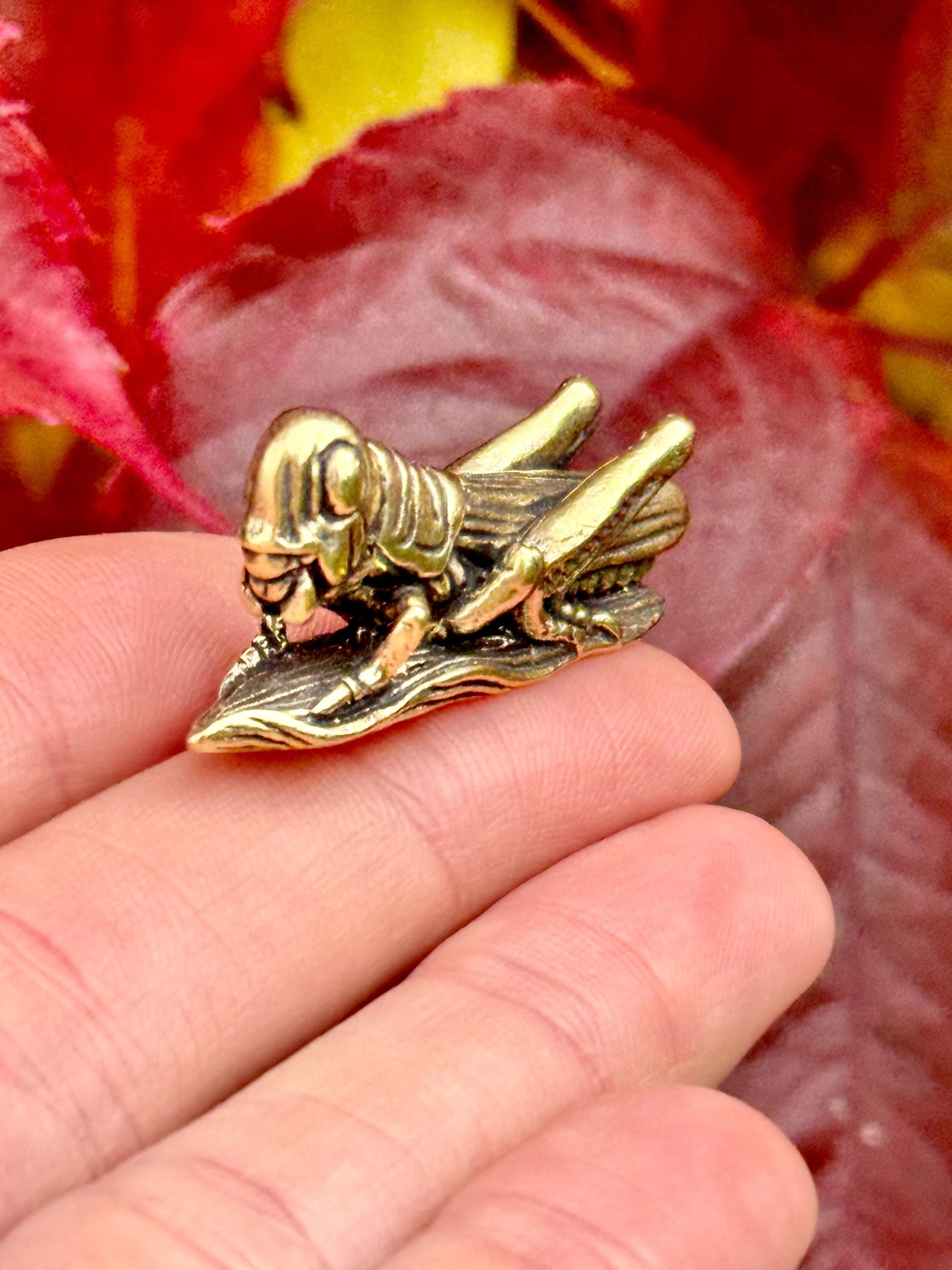 Fine lifelike Solid brass buzzing grasshopper figurine, Tiny Cricket Miniature, insect Ornament, Plant insect decoration