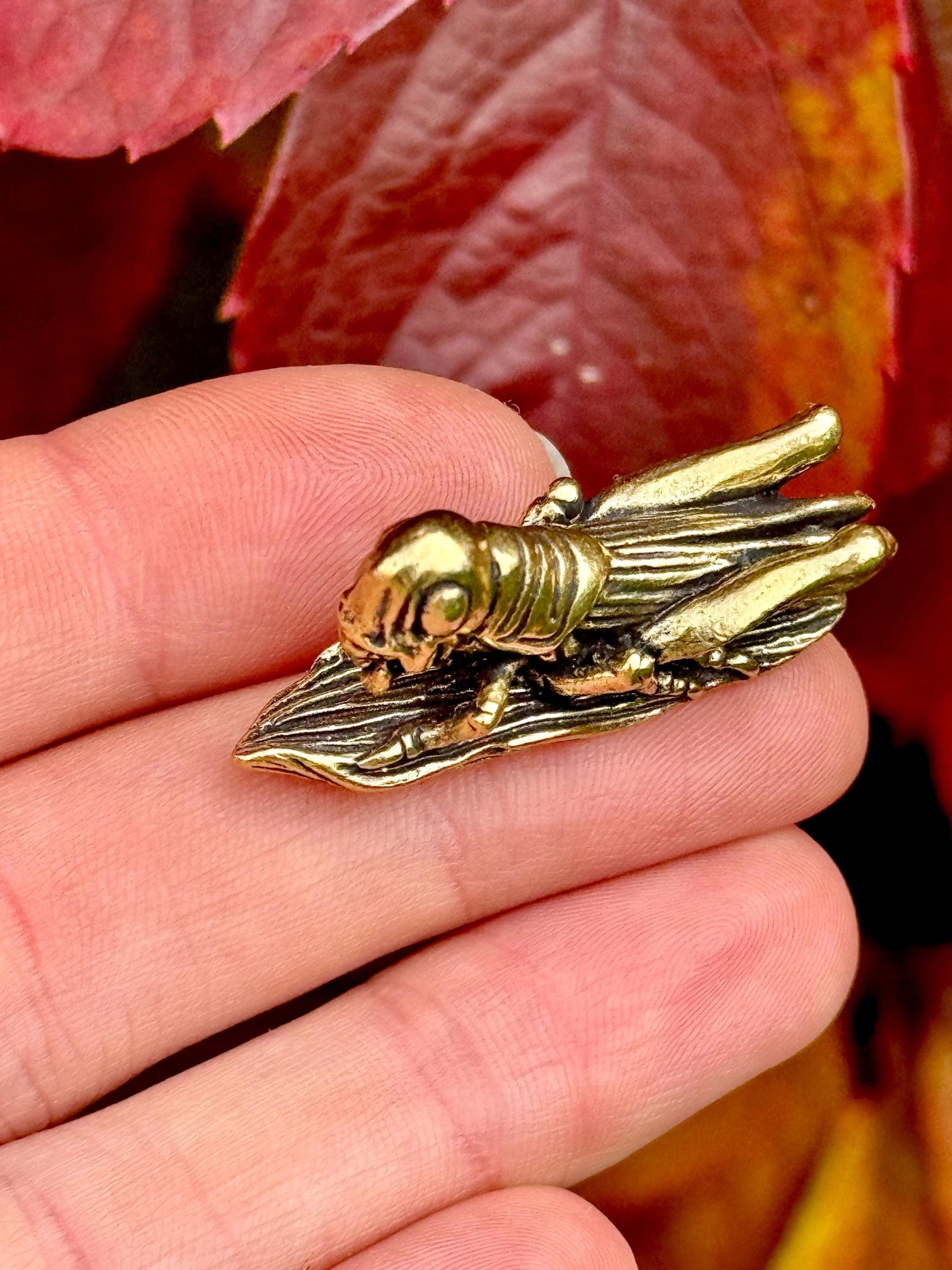 Fine lifelike Solid brass buzzing grasshopper figurine, Tiny Cricket Miniature, insect Ornament, Plant insect decoration