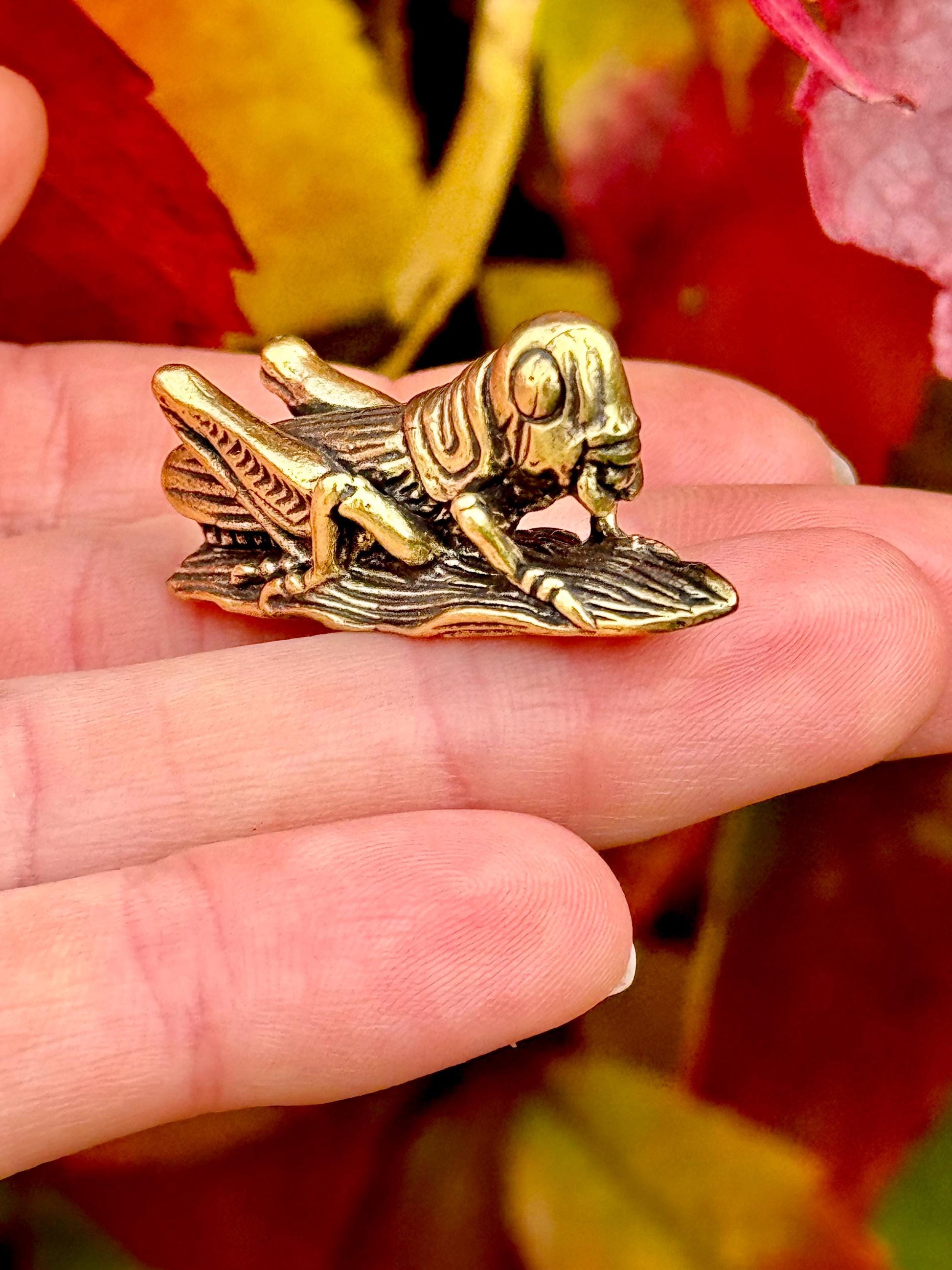 Fine lifelike Solid brass buzzing grasshopper figurine, Tiny Cricket Miniature, insect Ornament, Plant insect decoration