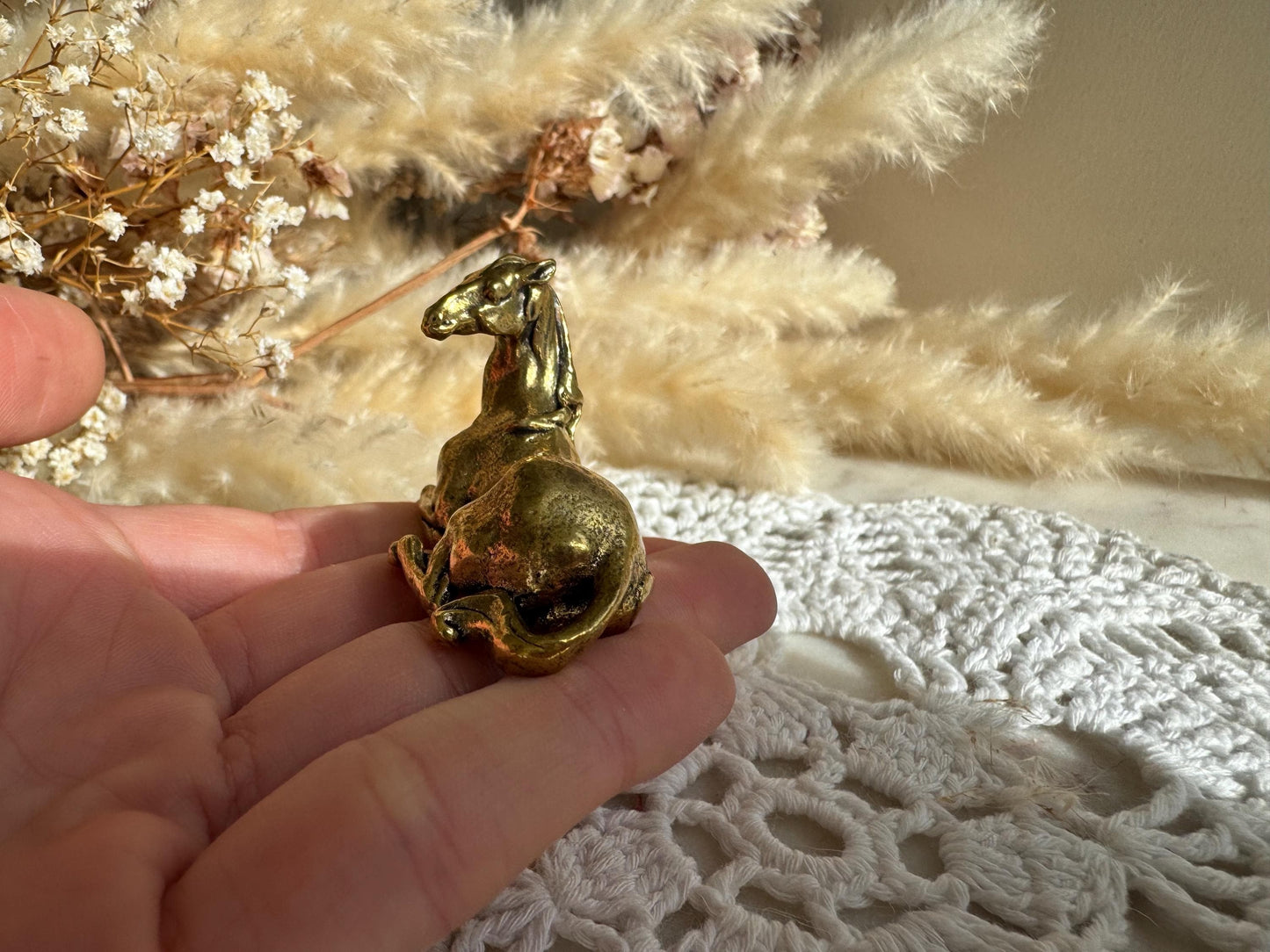 Unique style Solid Brass figurine Wild horse, Resting mustang, Stallion statue, Lifelike solid brass figurine, Desktop ornament