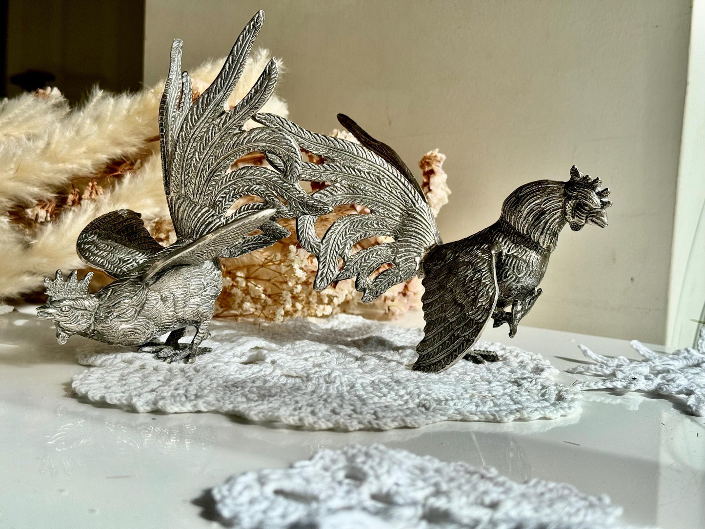Vintage Silver Plated Fighting Cockerels Figurines, Vintage Metal Cocks, Brass Rooster Engraved Statues, Table Centerpiece, Pair Roosters