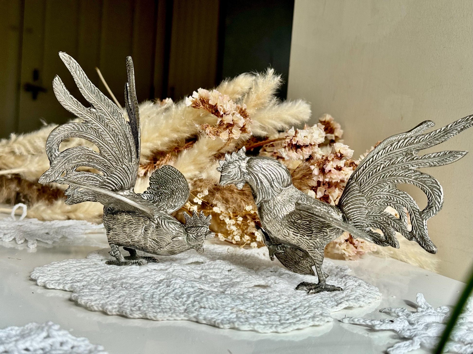 Vintage Silver Plated Fighting Cockerels Figurines, Vintage Metal Cocks, Brass Rooster Engraved Statues, Table Centerpiece, Pair Roosters