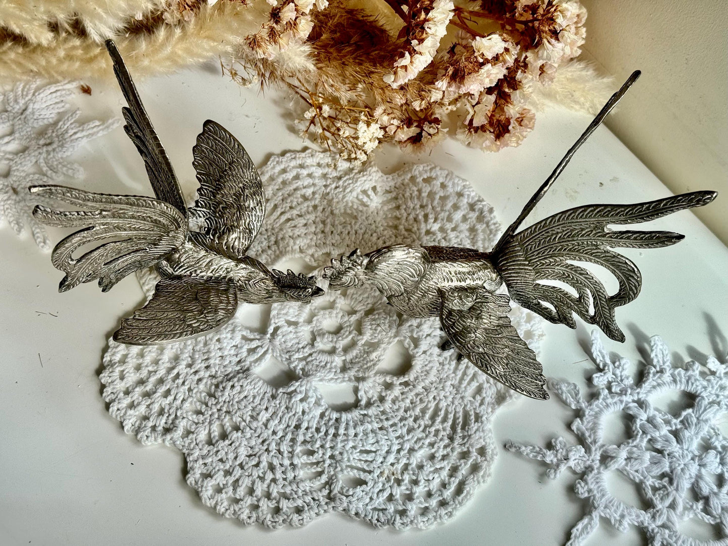 Vintage Silver Plated Fighting Cockerels Figurines, Vintage Metal Cocks, Brass Rooster Engraved Statues, Table Centerpiece, Pair Roosters