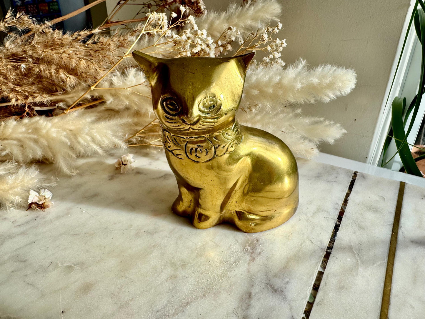 Indian Vintage Solid Brass Cat Figurine with Floral Collar, Brass Kitty Figurine, Unique Vintage Solid Brass Cat Figurine