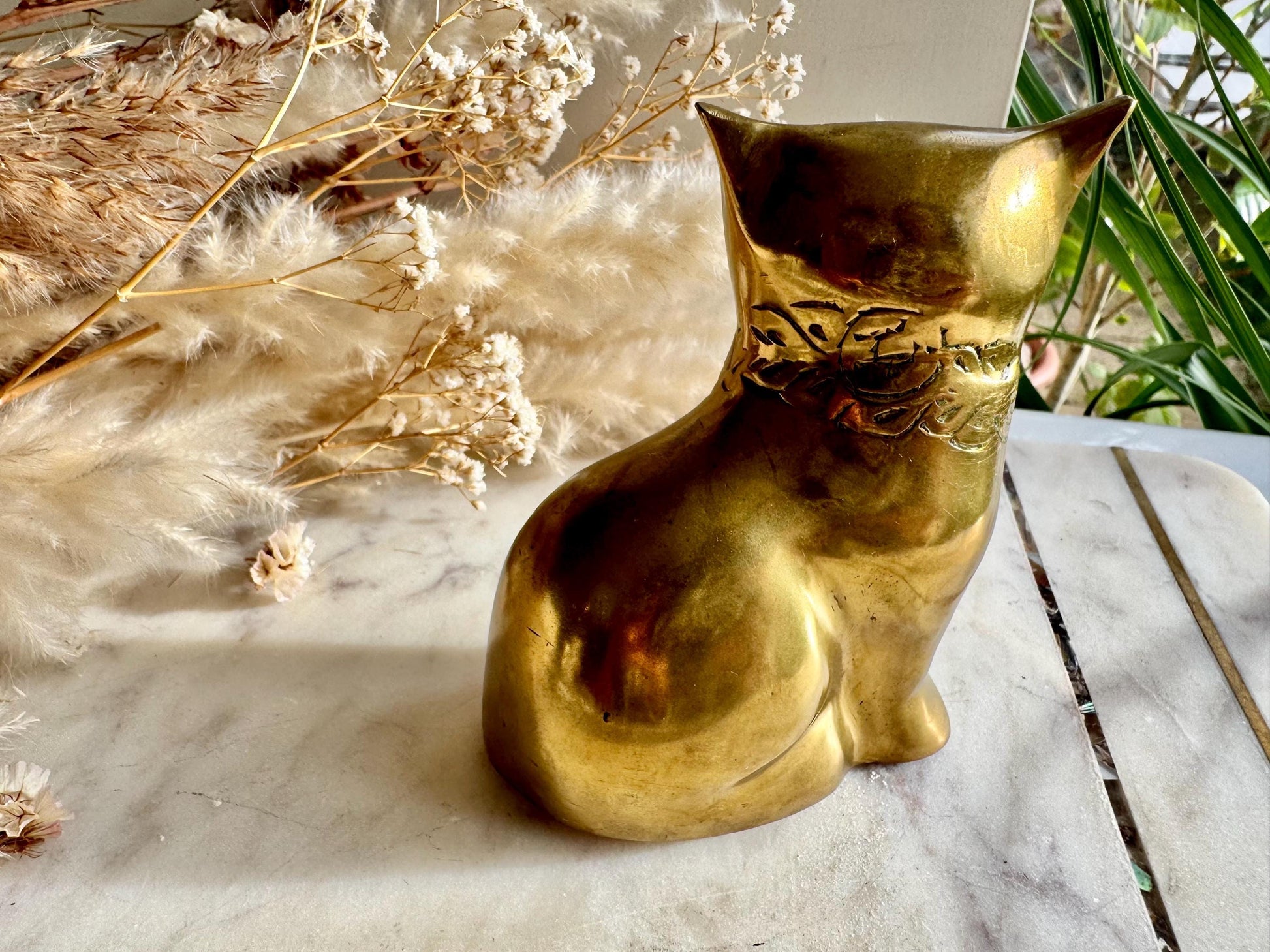 Indian Vintage Solid Brass Cat Figurine with Floral Collar, Brass Kitty Figurine, Unique Vintage Solid Brass Cat Figurine