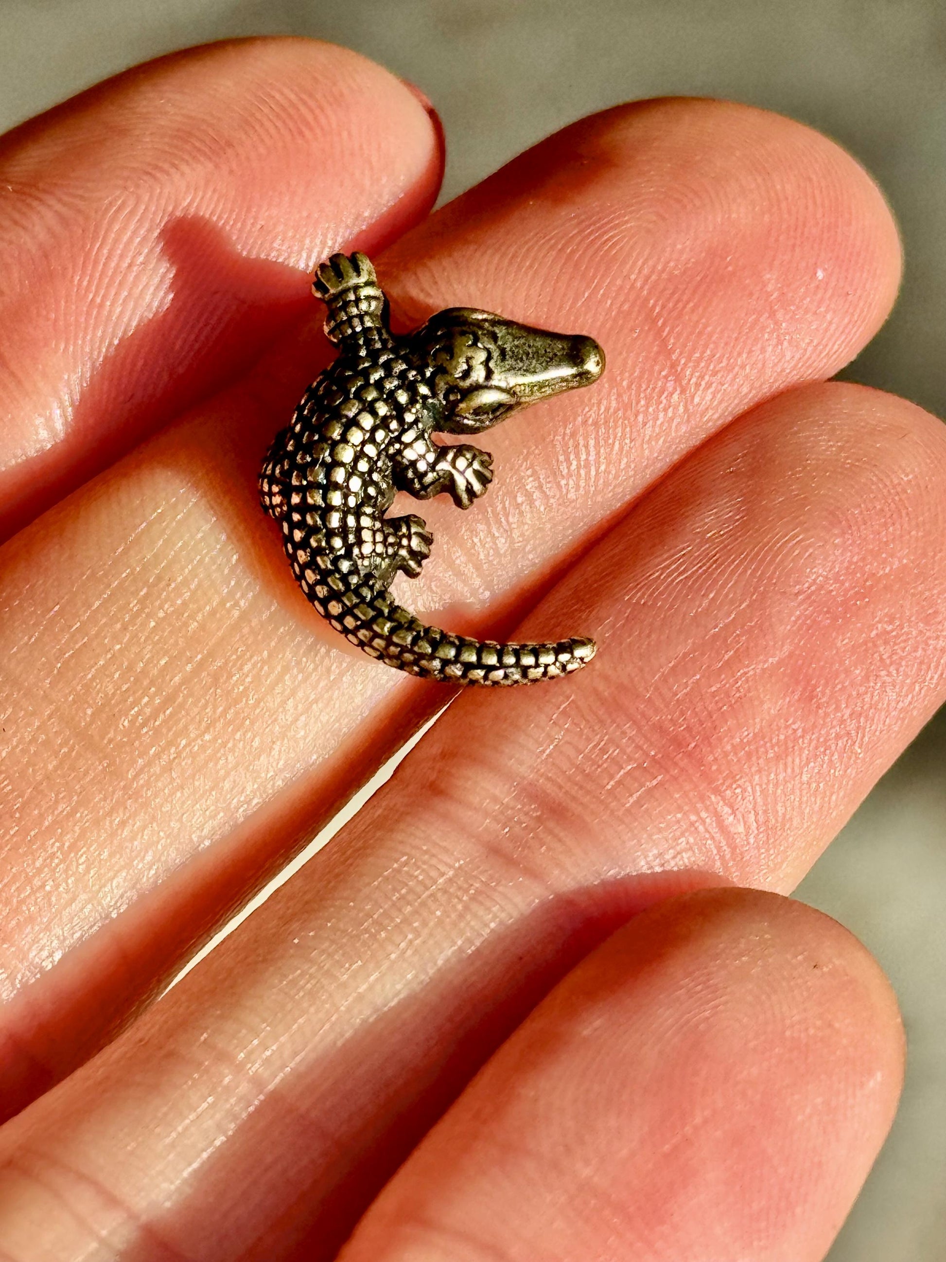 Tiny Brass alligator statue mini metal crocodile figurine, predator metal art, croco gift for animal lovers