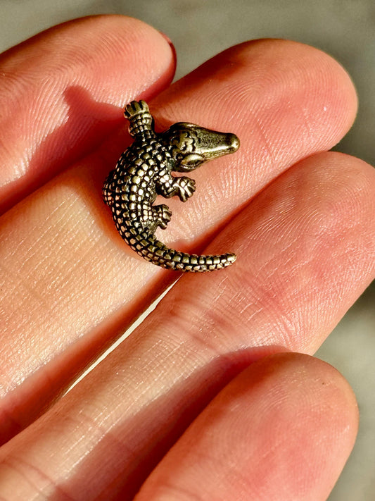 Tiny Brass alligator statue mini metal crocodile figurine, predator metal art, croco gift for animal lovers