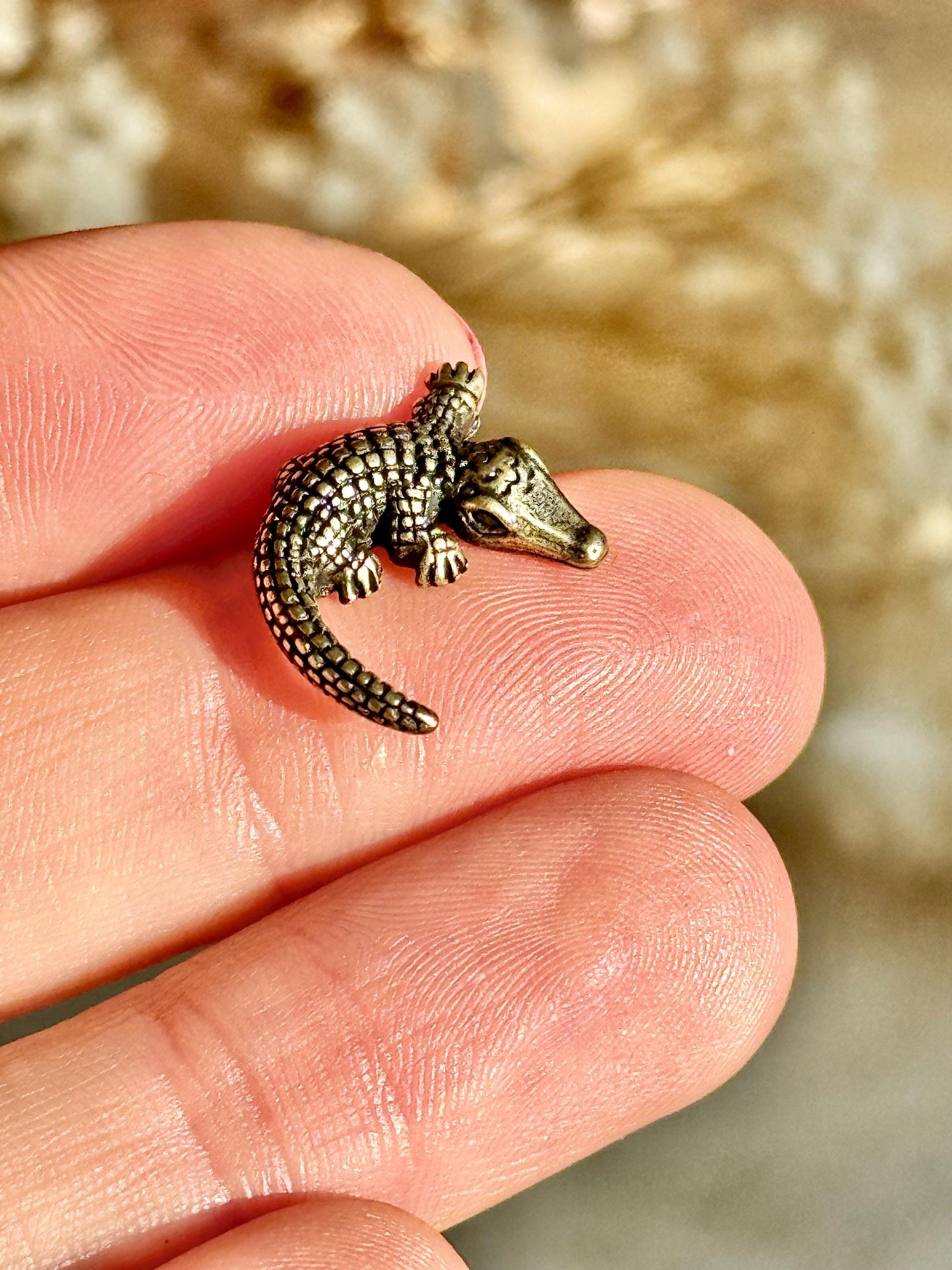 Tiny Brass alligator statue mini metal crocodile figurine, predator metal art, croco gift for animal lovers