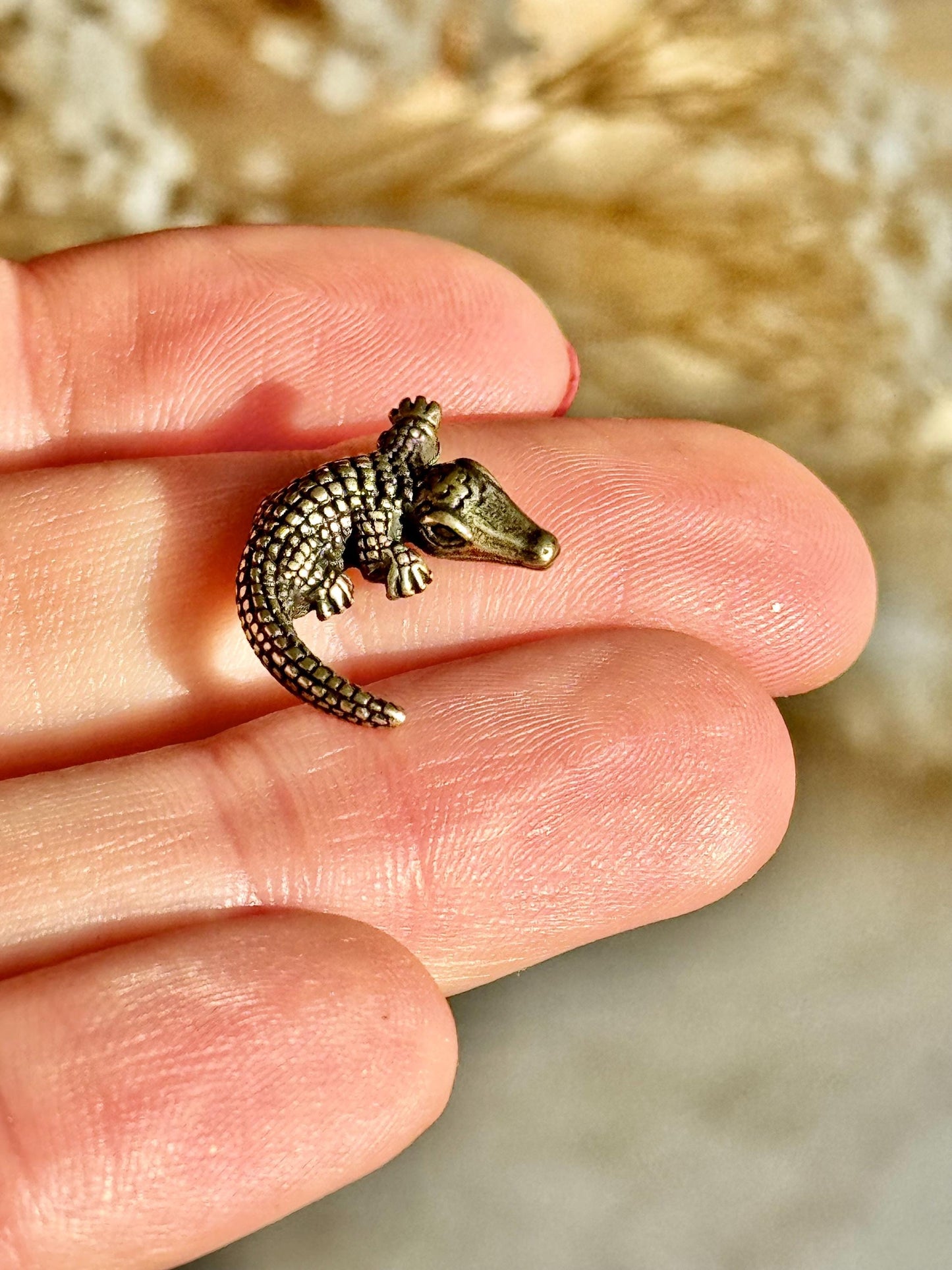 Tiny Brass alligator statue mini metal crocodile figurine, predator metal art, croco gift for animal lovers