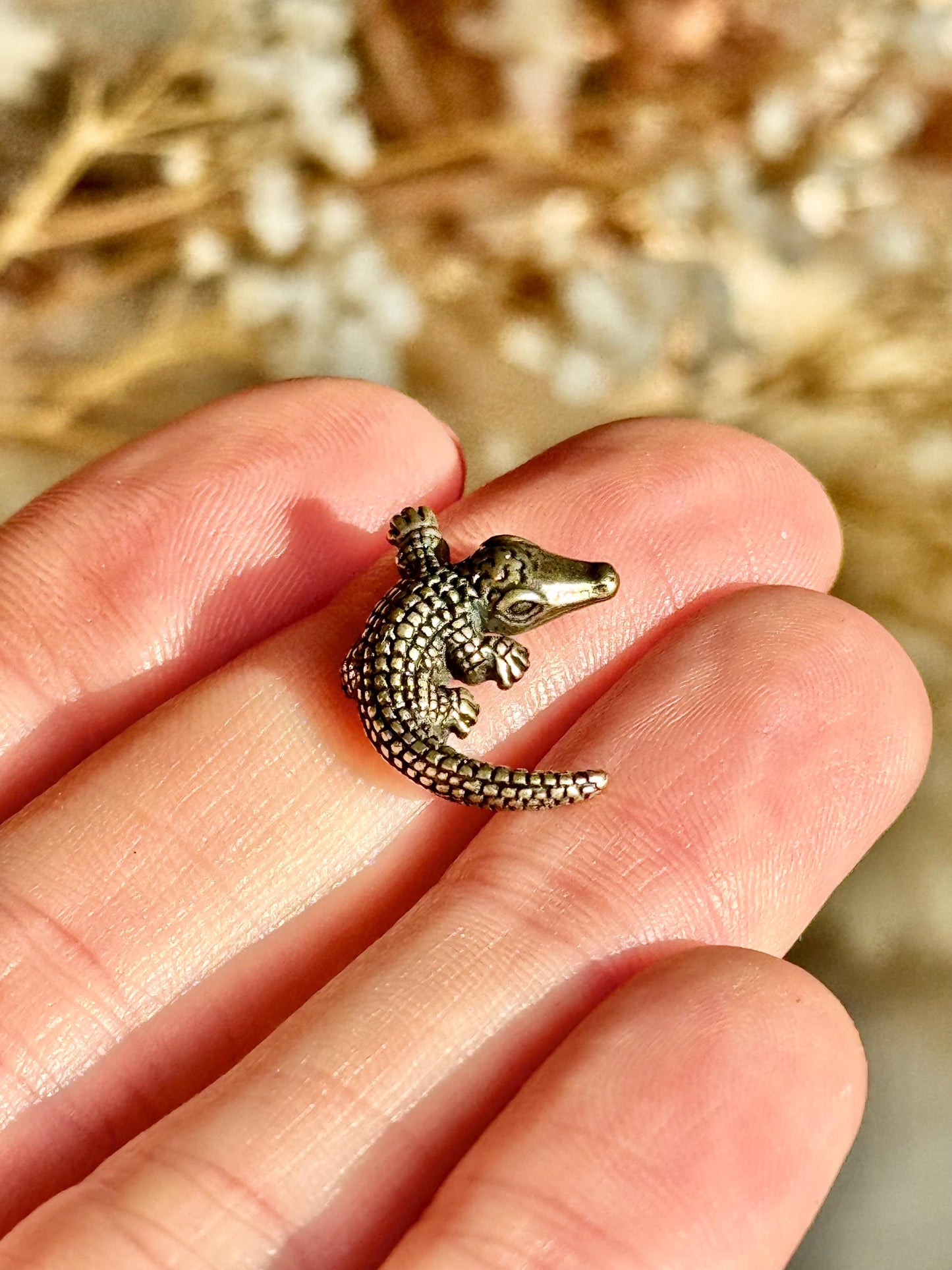 Tiny Brass alligator statue mini metal crocodile figurine, predator metal art, croco gift for animal lovers