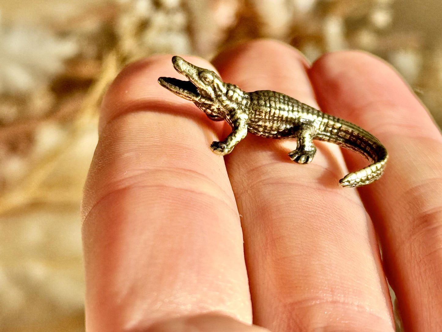 Tiny Brass alligator statue mini metal crocodile figurine, predator metal art, croco gift for animal lovers