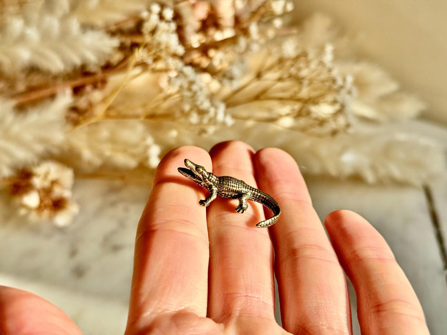 Tiny Brass alligator statue mini metal crocodile figurine, predator metal art, croco gift for animal lovers