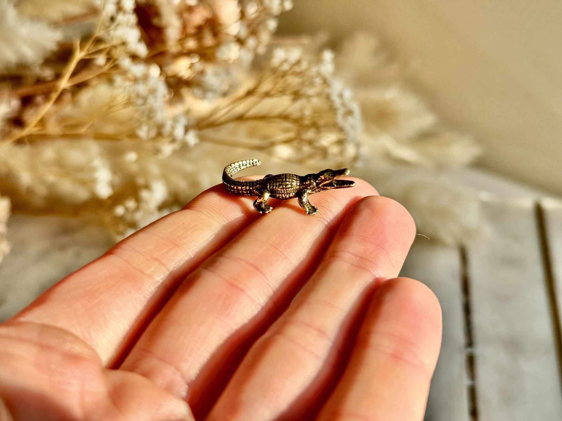 Tiny Brass alligator statue mini metal crocodile figurine, predator metal art, croco gift for animal lovers