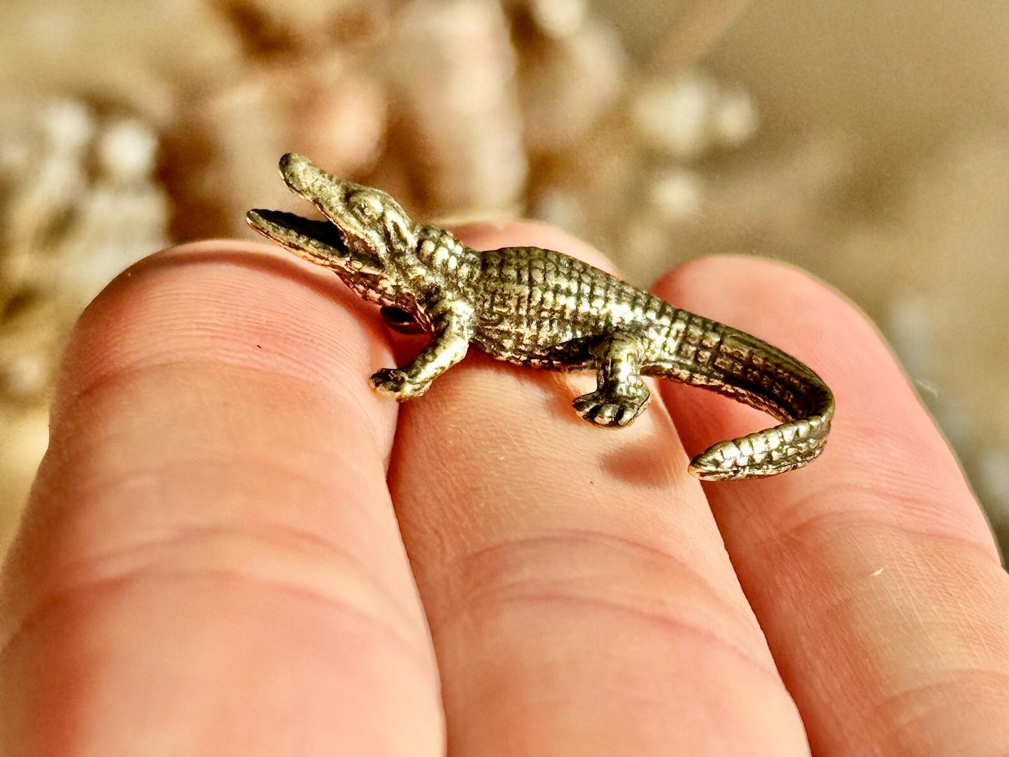 Tiny Brass alligator statue mini metal crocodile figurine, predator metal art, croco gift for animal lovers