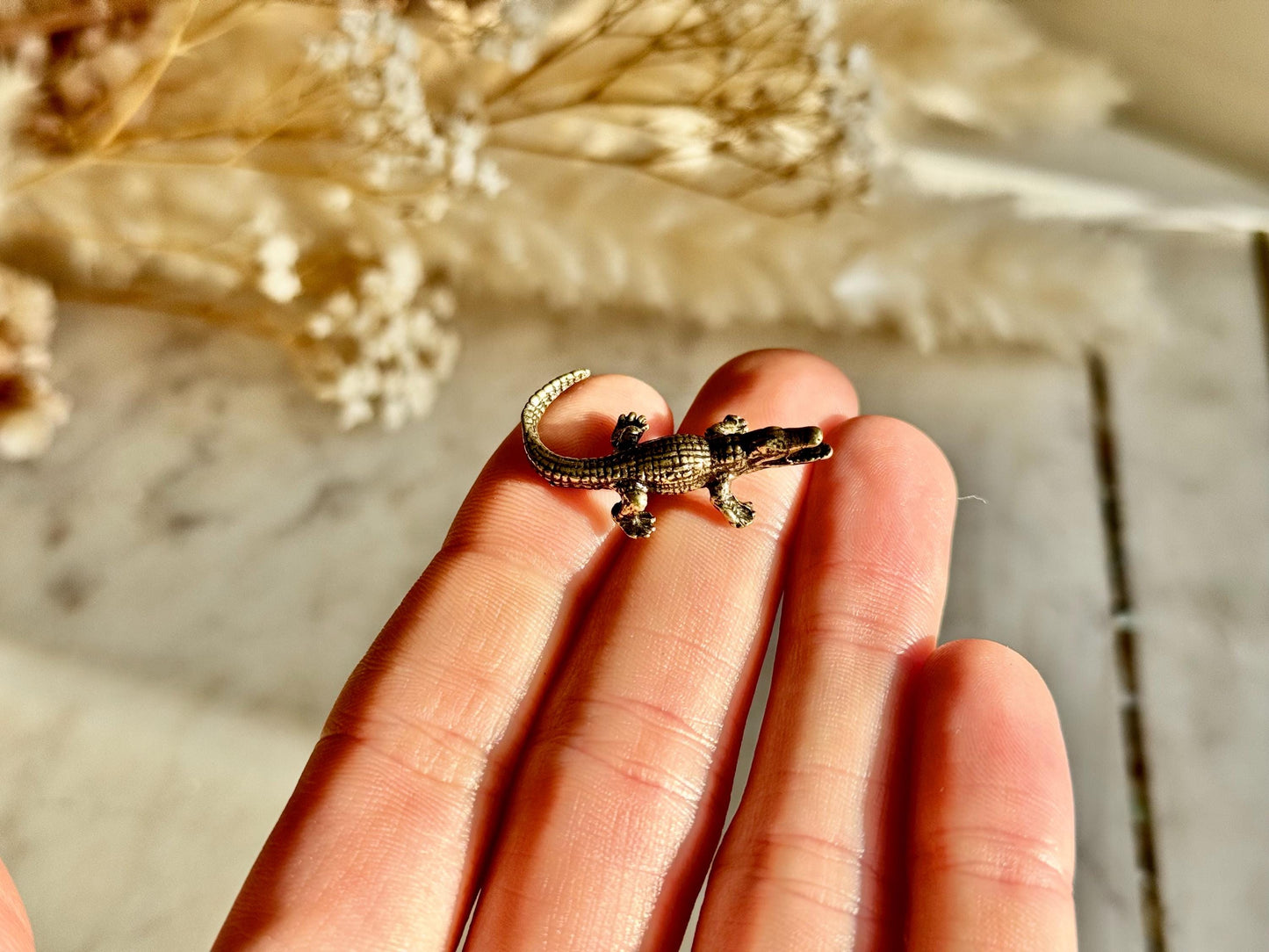 Tiny Brass alligator statue mini metal crocodile figurine, predator metal art, croco gift for animal lovers