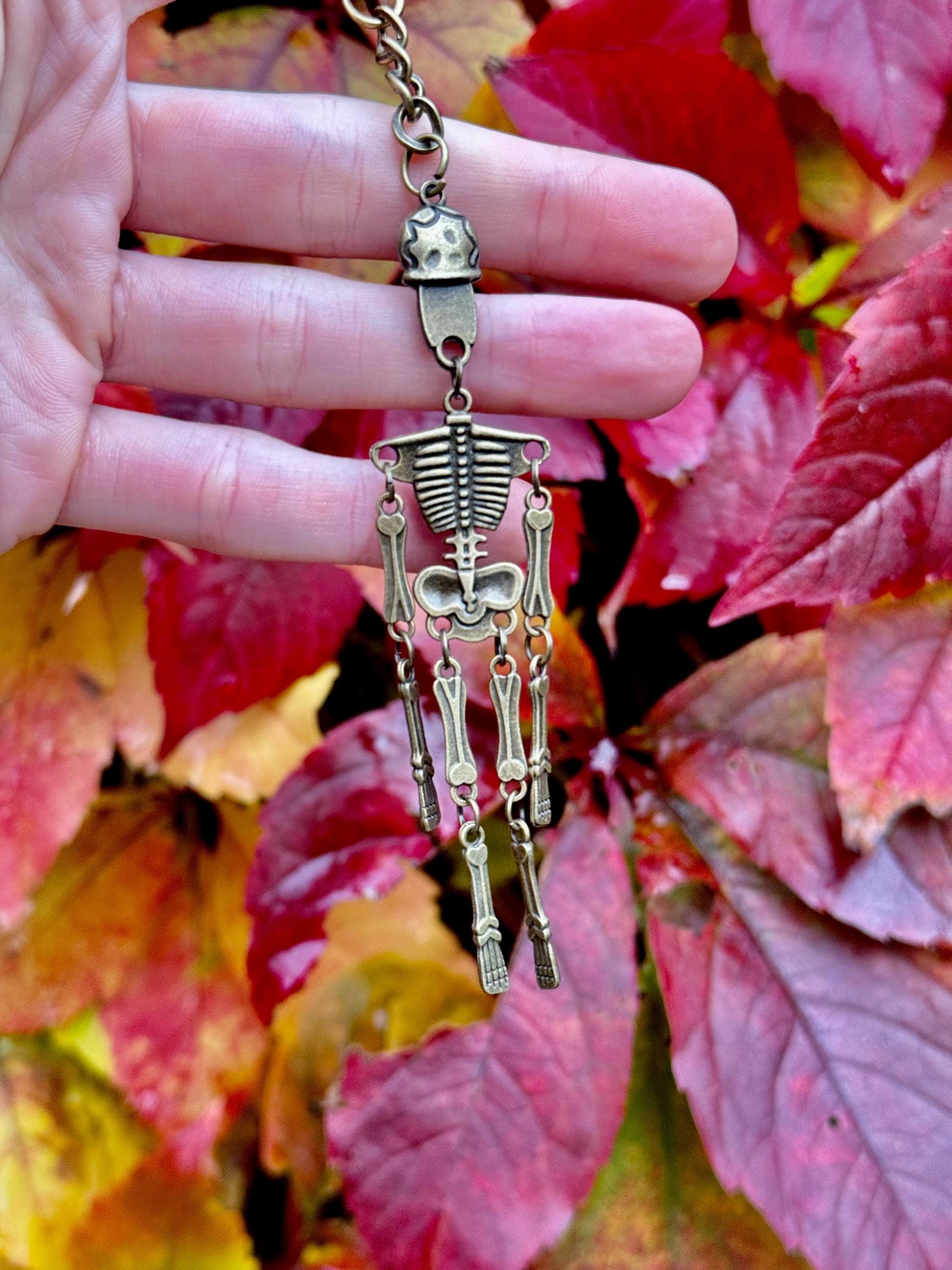Stylish Solid Brass Skeleton Keychain - Articulated Halloween Skeleton Charm, Unique Brass Keychain, Gothic Style