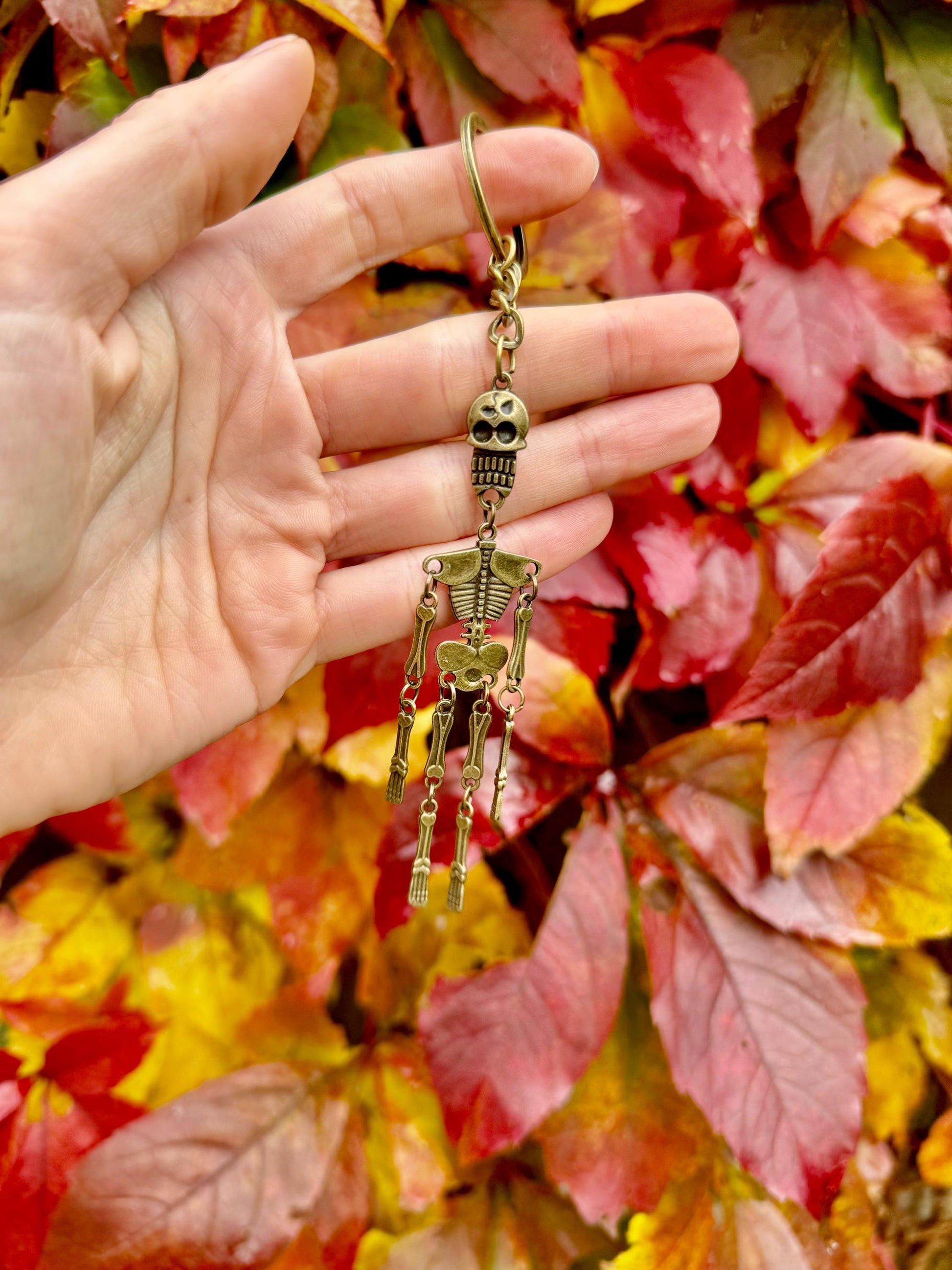 Stylish Solid Brass Skeleton Keychain - Articulated Halloween Skeleton Charm, Unique Brass Keychain, Gothic Style