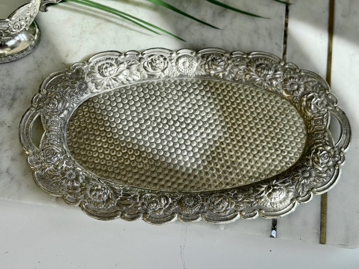 Vintage Silver Embossed Cream and Sugar Set with White Enamel Interior on Matching Tray – Elegant Silver Kitchen Decor for Serving