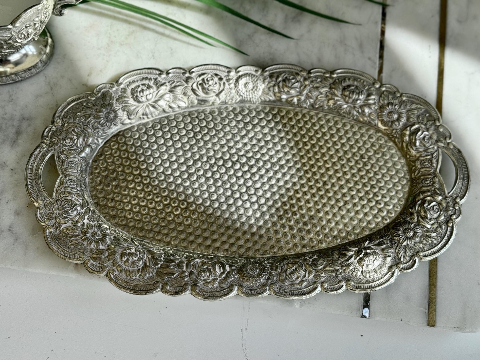Vintage Silver Embossed Cream and Sugar Set with White Enamel Interior on Matching Tray – Elegant Silver Kitchen Decor for Serving