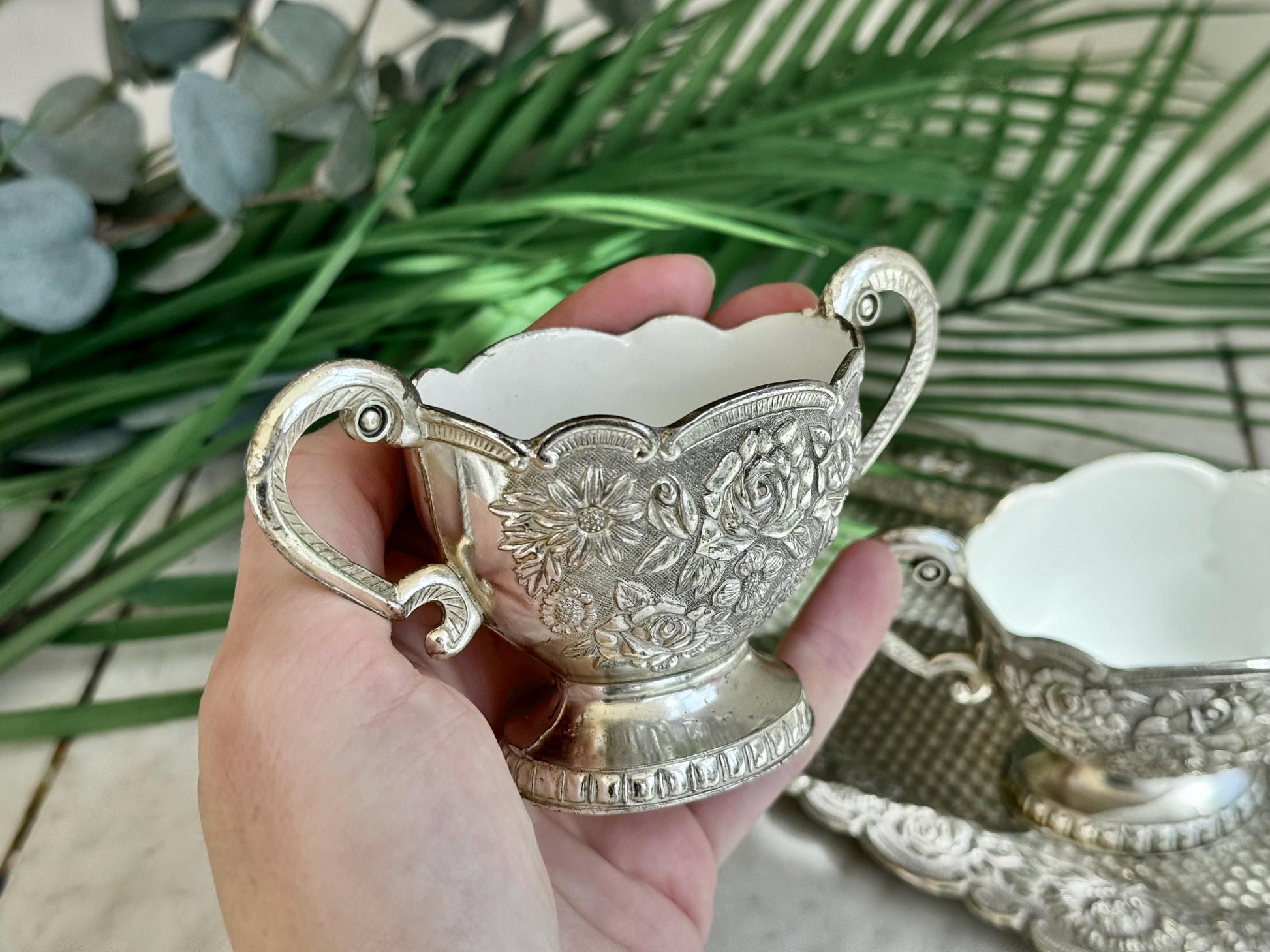 Vintage Silver Embossed Cream and Sugar Set with White Enamel Interior on Matching Tray – Elegant Silver Kitchen Decor for Serving