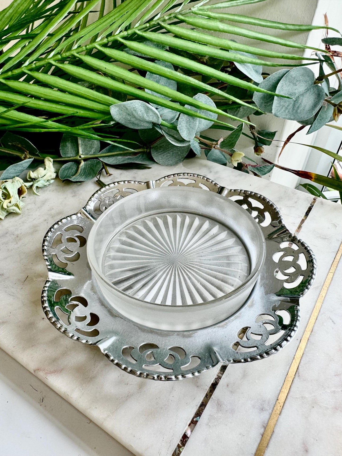 Vintage Small Cut Glass Dish Butter Dish With Metal Frame Saucer With Flower Design