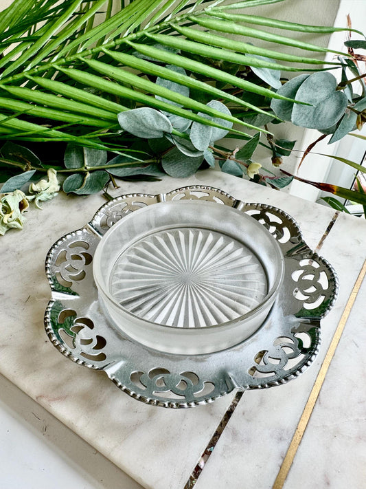 Vintage Small Cut Glass Dish Butter Dish With Metal Frame Saucer With Flower Design