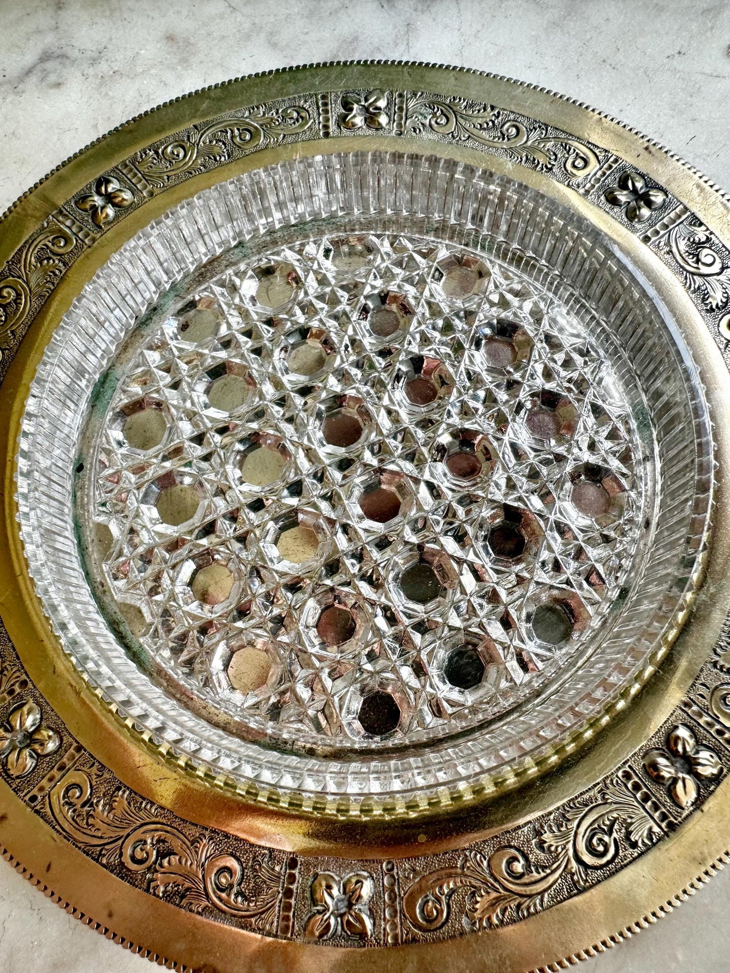 Vintage Clear Glass Starburst Silver Trim Ashtray Mid Century Shallow Dish