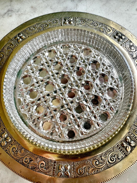 Vintage Clear Glass Starburst Silver Trim Ashtray Mid Century Shallow Dish
