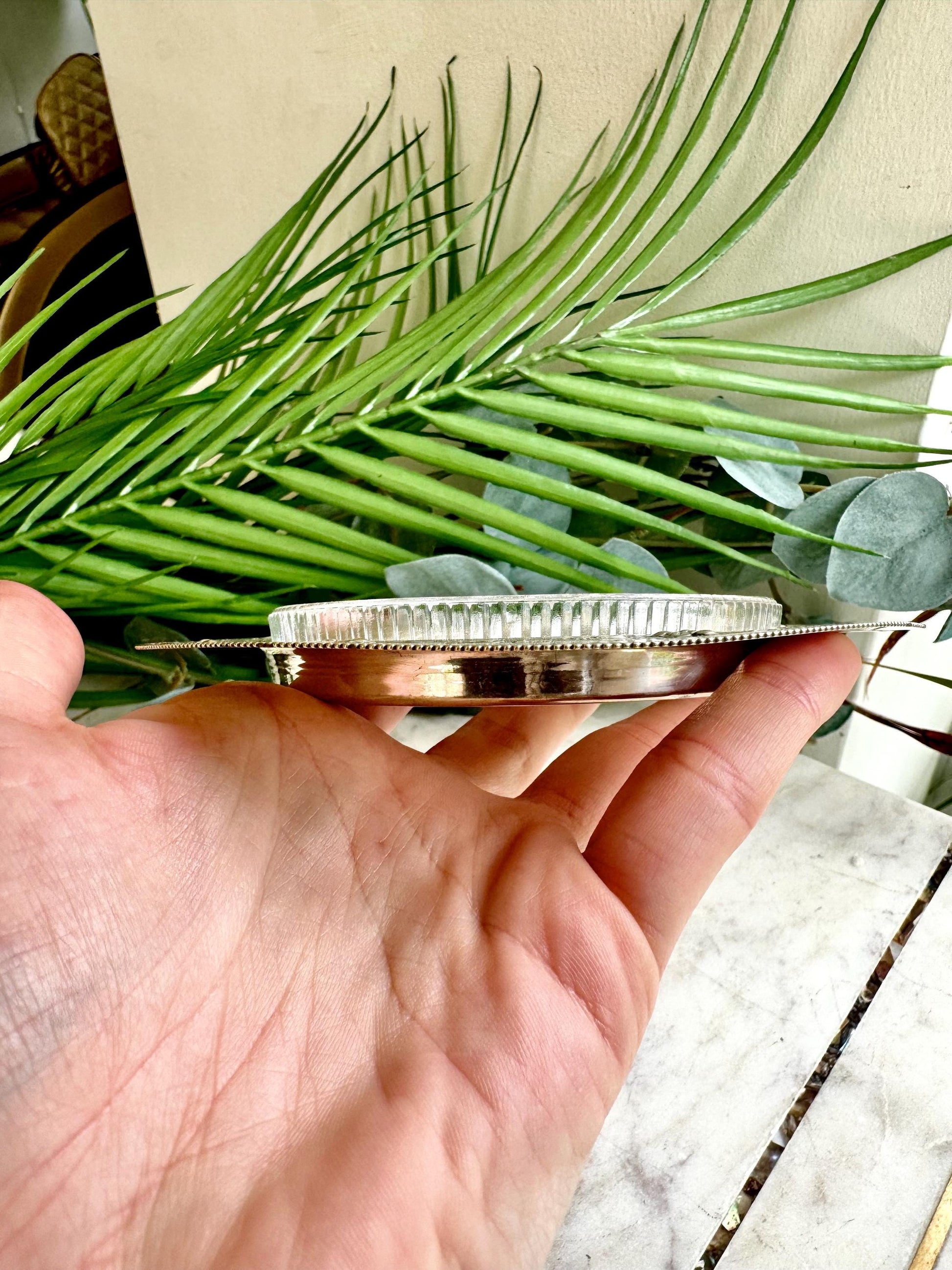 Vintage Clear Glass Starburst Silver Trim Ashtray Mid Century Shallow Dish