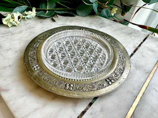 Vintage Clear Glass Starburst Silver Trim Ashtray Mid Century Shallow Dish