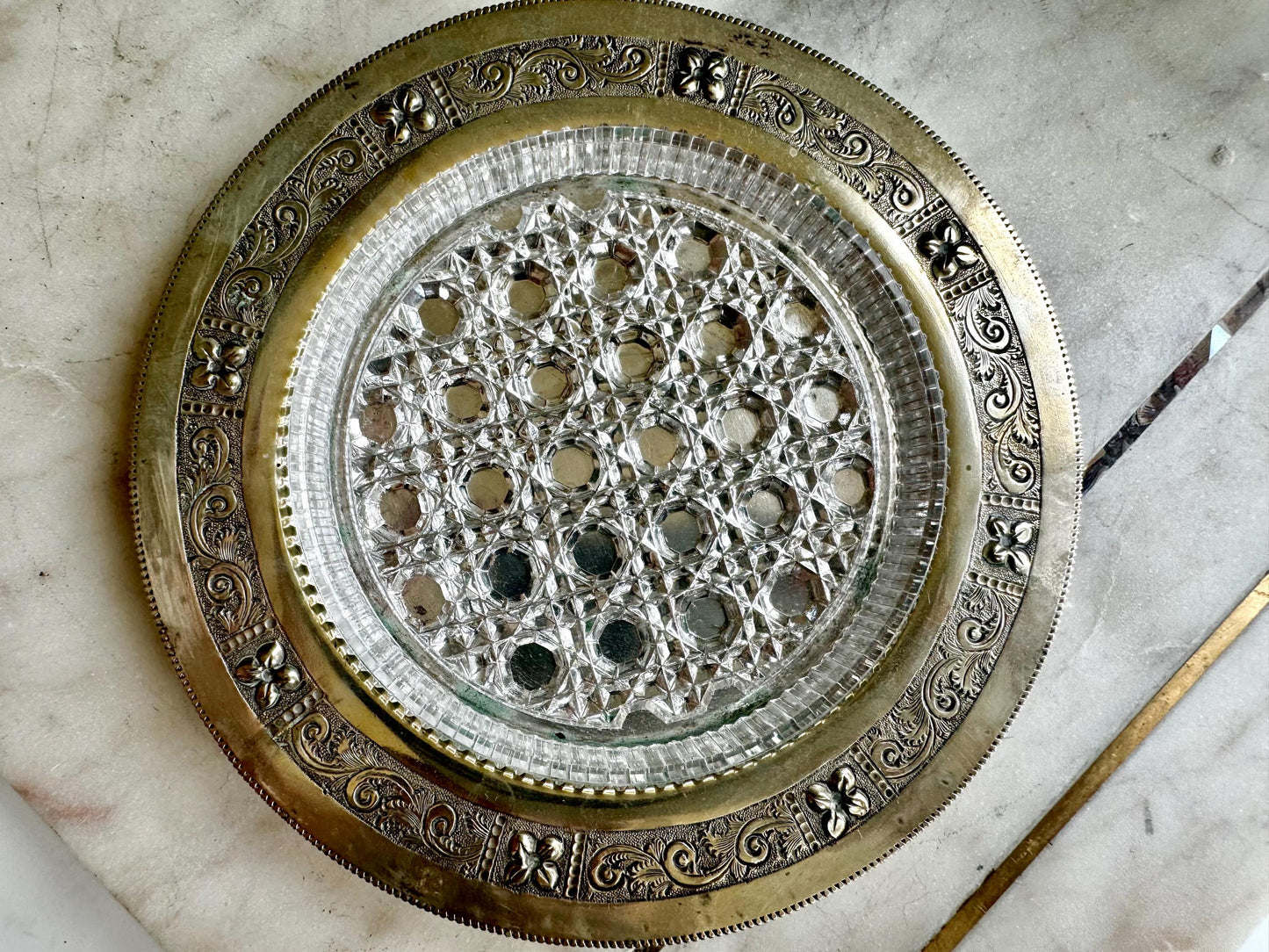 Vintage Clear Glass Starburst Silver Trim Ashtray Mid Century Shallow Dish