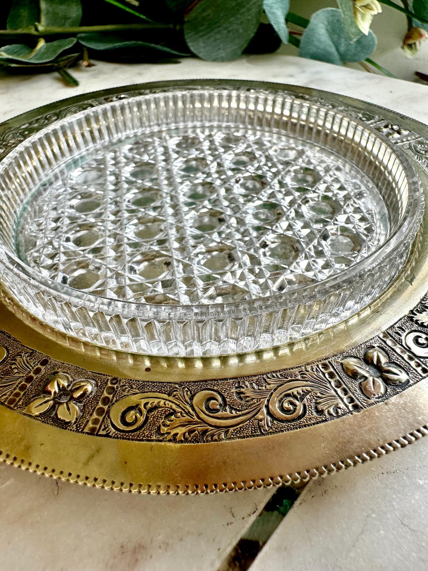 Vintage Clear Glass Starburst Silver Trim Ashtray Mid Century Shallow Dish