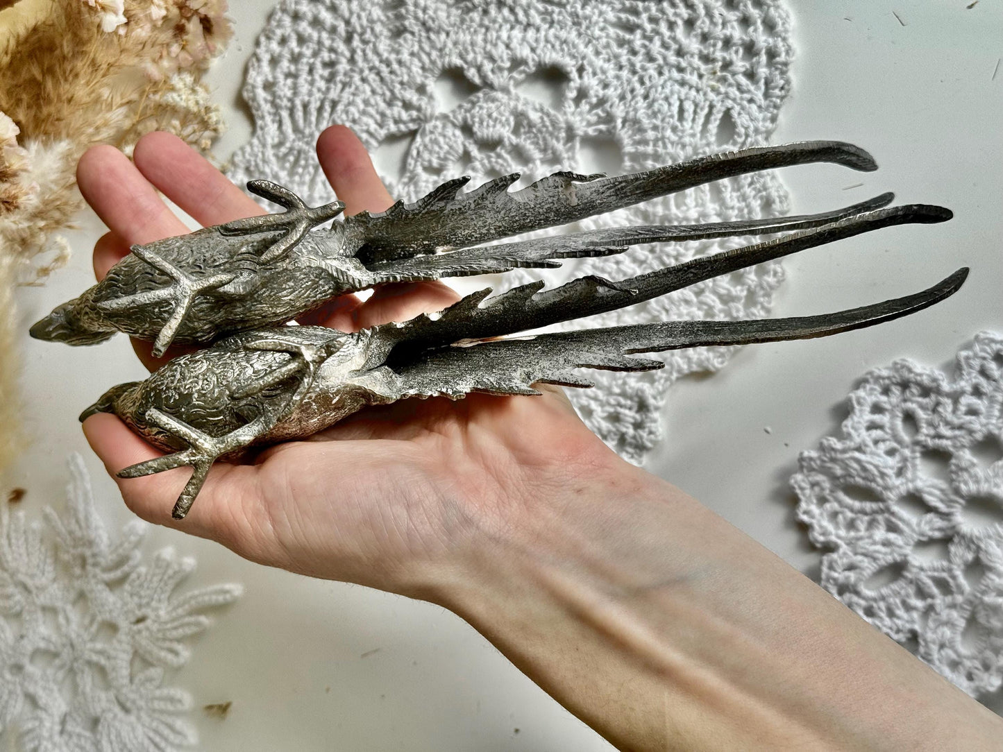 Vintage Large Centerpiece Silver Plated Pheasants, Vintage Metal Countryside Birds, Silver Farm Bird Statues, Table or Fireplace Centerpiece