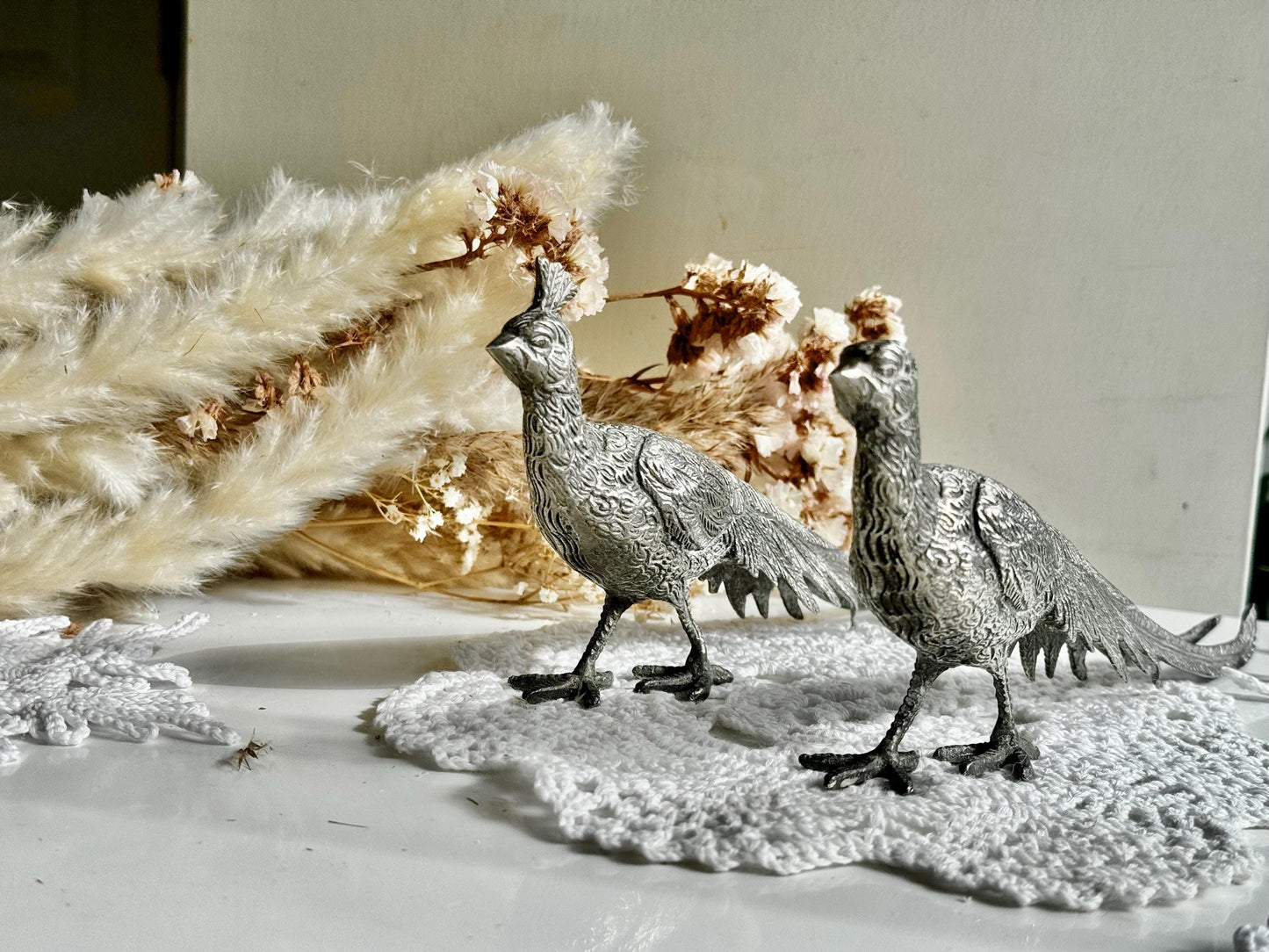 Vintage Large Centerpiece Silver Plated Pheasants, Vintage Metal Countryside Birds, Silver Farm Bird Statues, Table or Fireplace Centerpiece