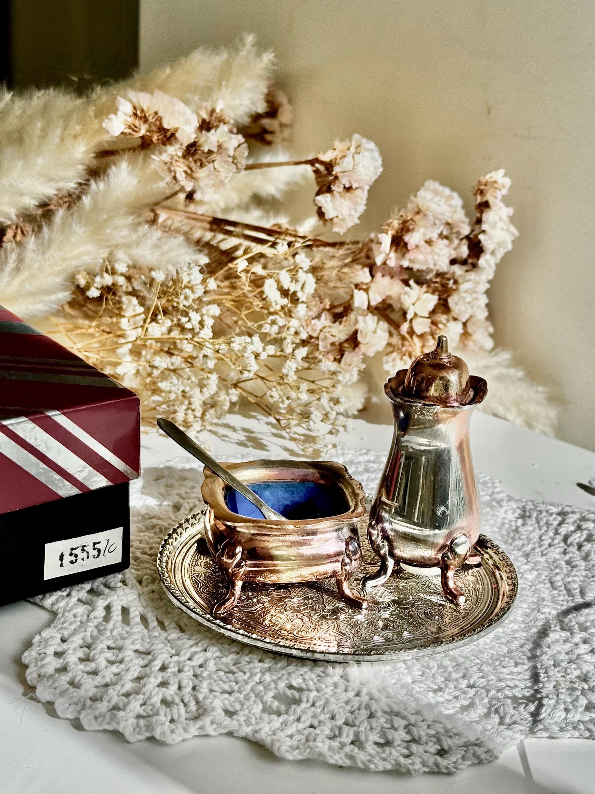 Vintage Grenadier Silversmiths 4 Piece Set plated salt and pepper shakers on a matching tray in original box, made in England